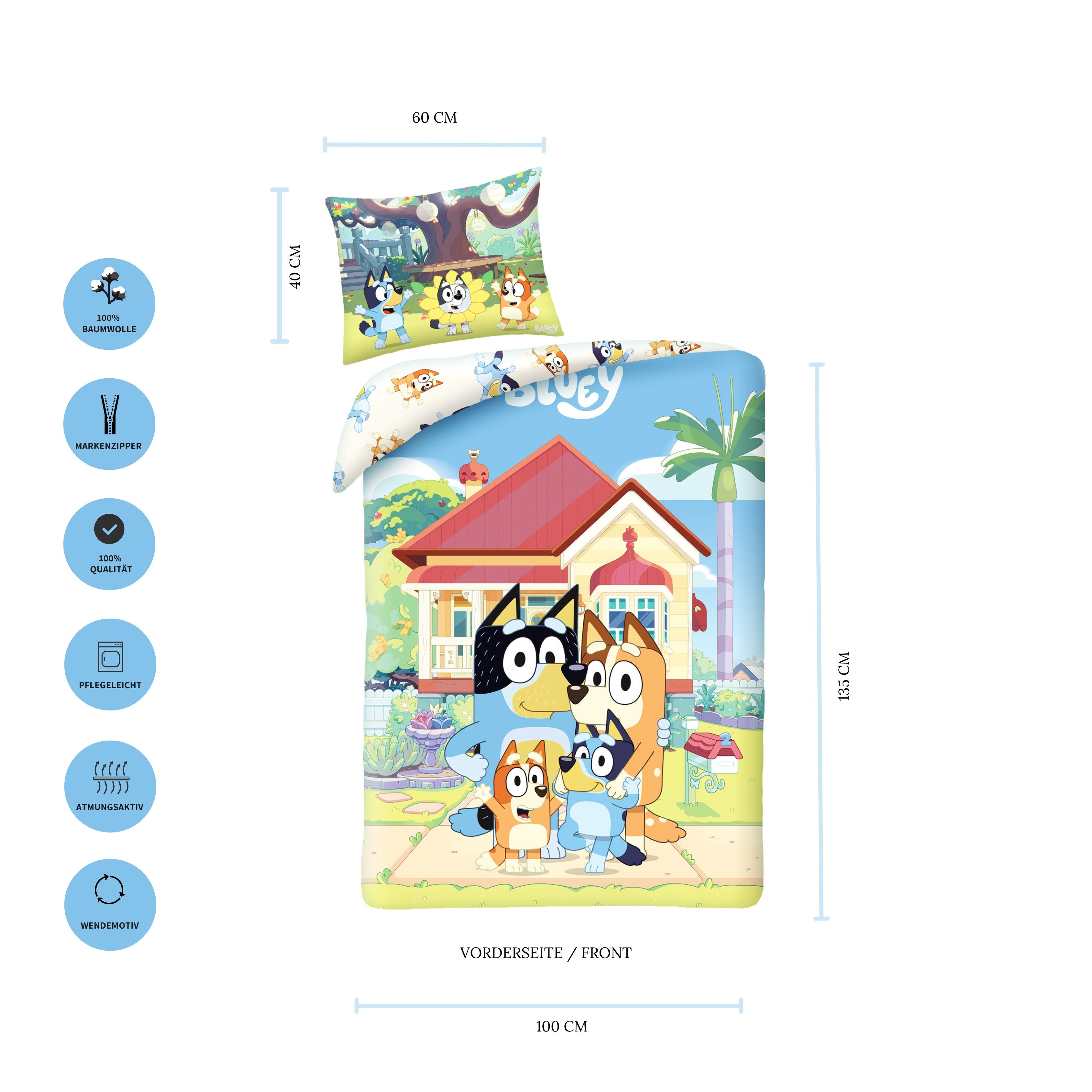 MTOnlinehandel Babybettwäsche Bluey 100x135 + 40x60 cm, 100% Baumwolle, 2 teilig, Babybettwäsche-Set, Mädchen und Jungen, farbenfroh