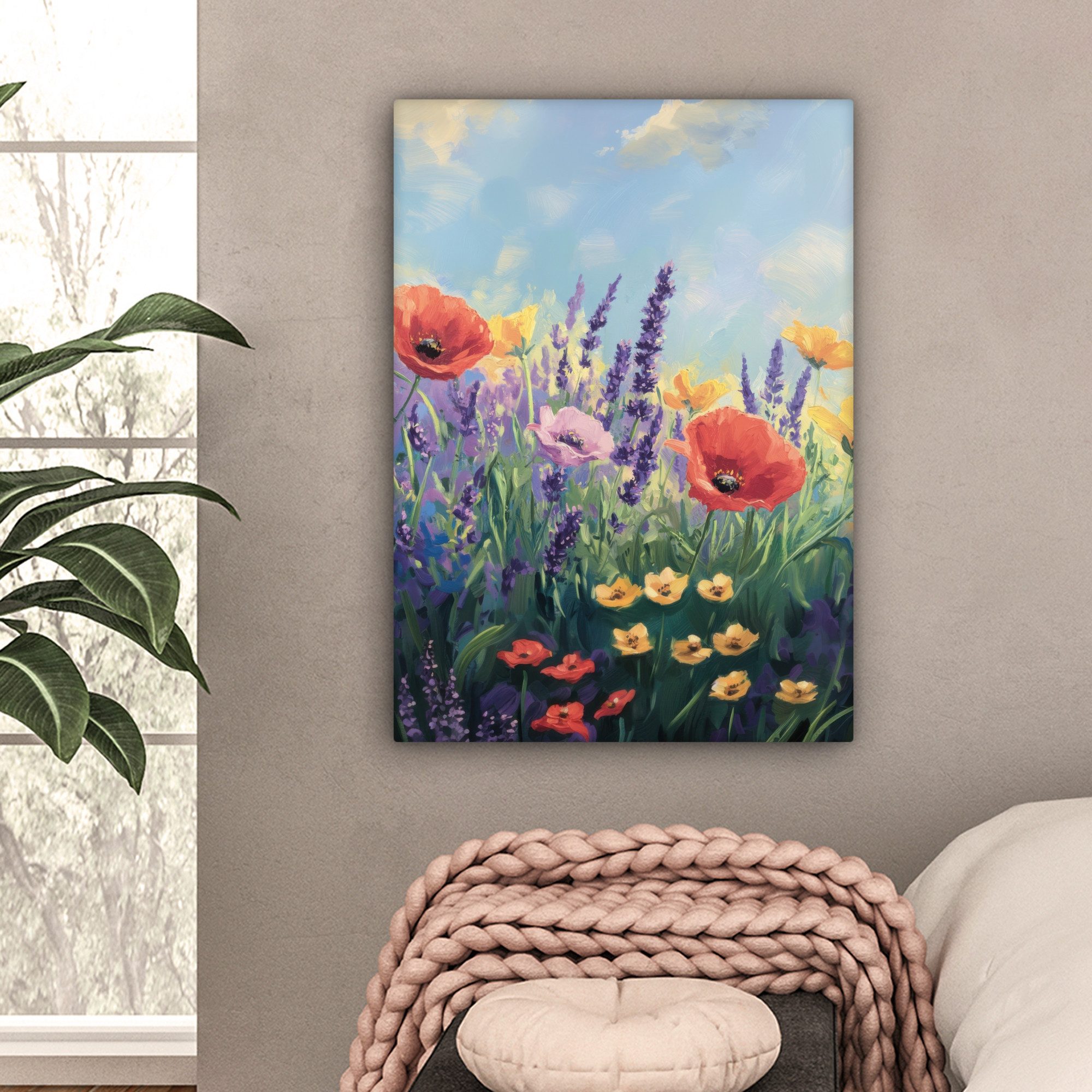 OneMillionCanvasses® Leinwandbild Wiese - Blumen - Farbenfroh, Fotodruck (1 St), Leinwand Bilder für Wohnzimmer Schlafzimmer 50x70 cm