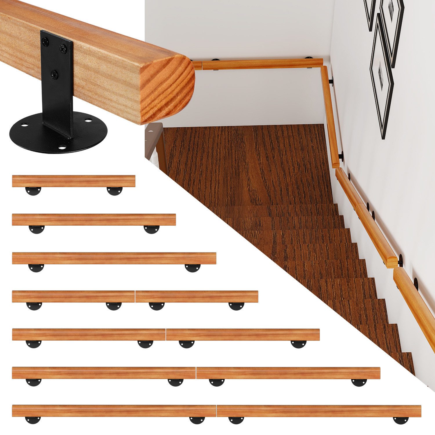 Clanmacy Handlauf Buche Handlauf 60cm Geländer Handlaufträger Hauseingang Wandhalter80, 60 cm Gesamtlänge, (Wandhandlauf Wandhalterung Innen & Außen), Wandhandlauf Wandhalterung Innen & Außen