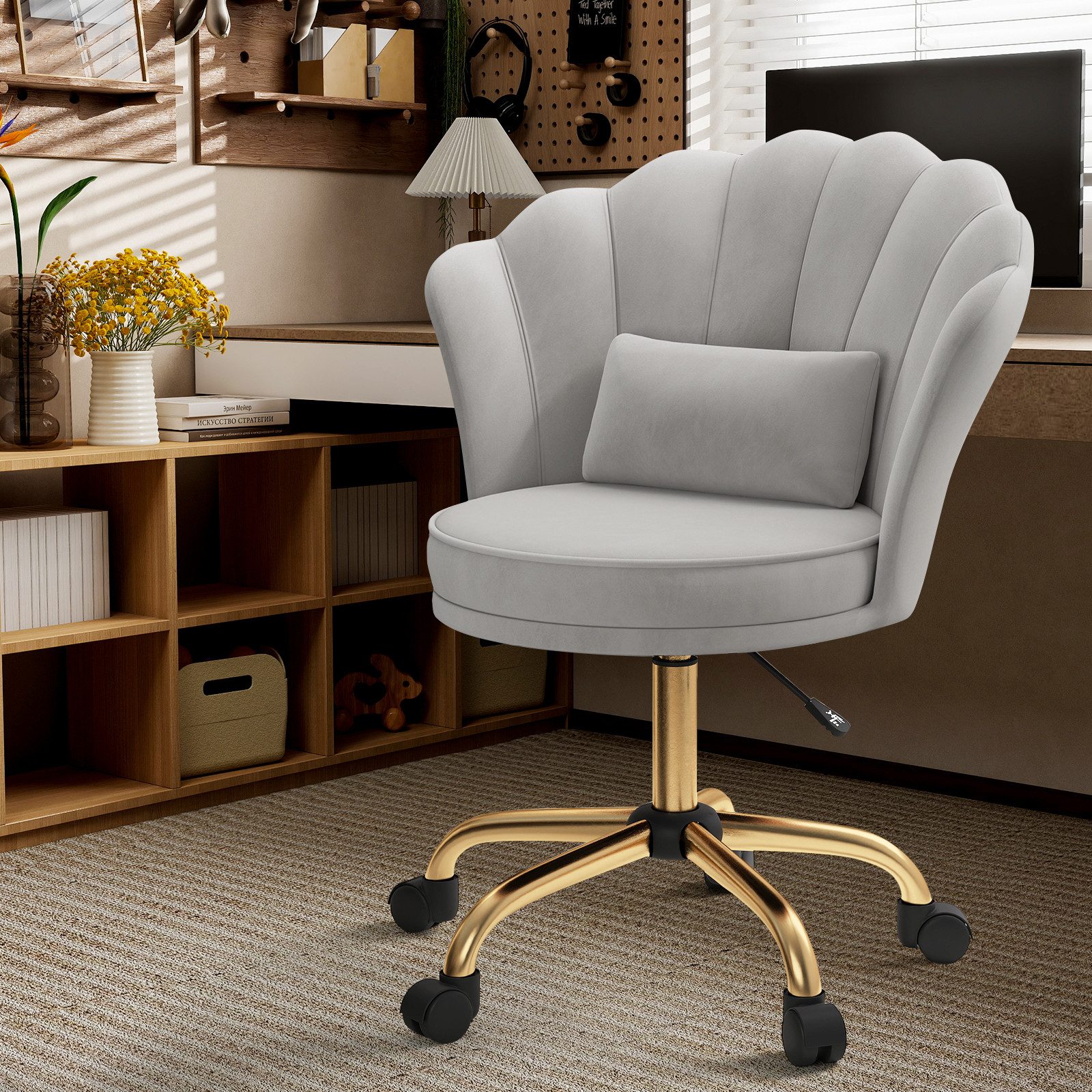 HawthyHome Bürostuhl Schreibtischstuhl mit Blütenrückenlehne, drehbar und höhenverstellbar (1 St), Samtbezug mit Kopfkissen, ergonomischer Stuhl – Bild 4 von 5