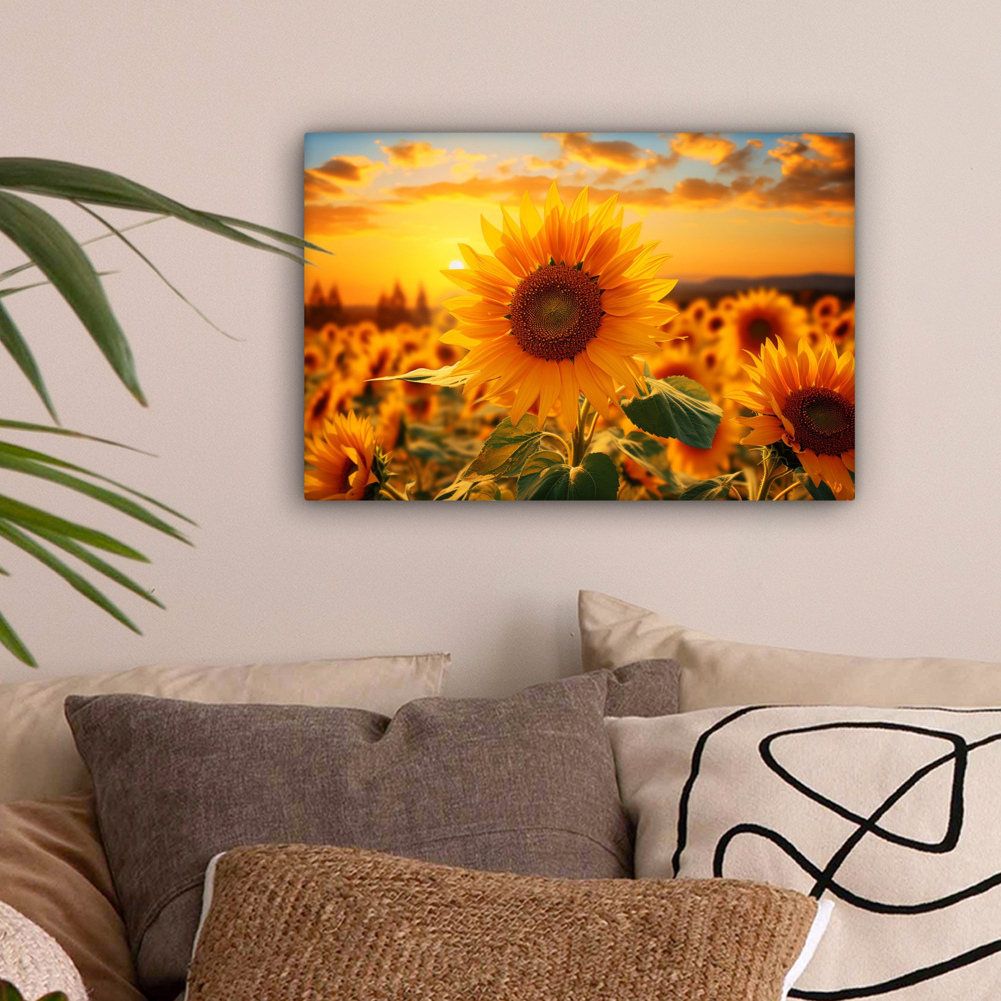 OneMillionCanvasses® Leinwandbild Sonnenblume - Blumen - Gelb - Blumenfeld mit Sonnenblumen, Fotodruck (1 St), Leinwand Bilder Klein, Wand Dekoration Aesthetic 30x20 cm