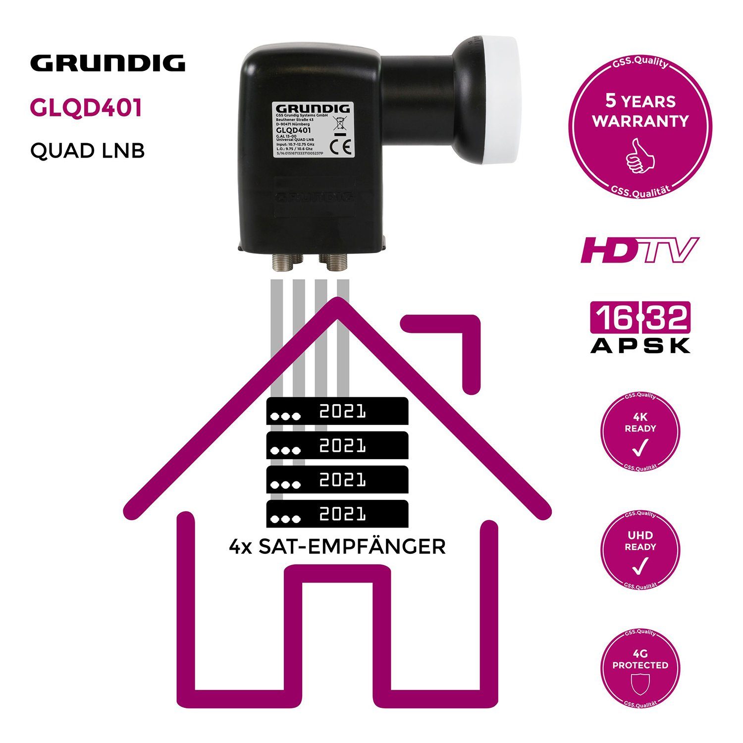 GSS Quad LNB GLQD 401 Filter & 4K, Universal-Quad-LNB kälte- HD, Teilnehmer, schwarz Aufdrehhilfe (4 0.1dB, + hitzebeständig) - LTE
