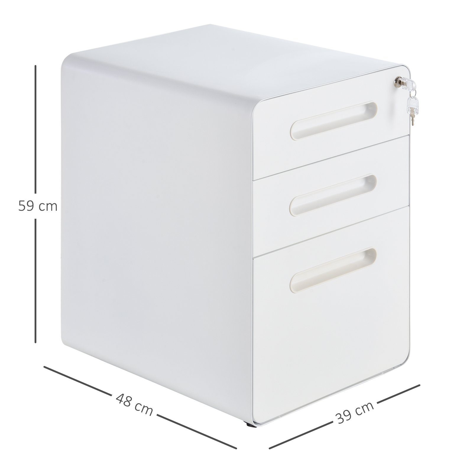 Vinsetto Rollcontainer 3 Schubladen Aktenschrank abschließbar, Hängeregistratur Stiftfach, (Büroschrank, 1 St., Aktenschrank), Stahl, Weiß, 39 x 48 x 59 cm