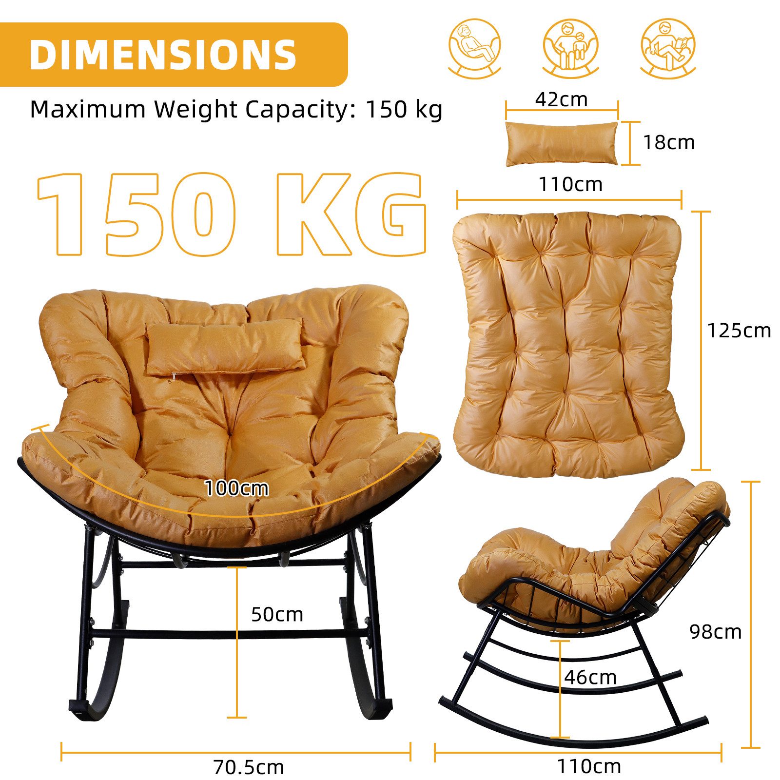 CCLIFE Schaukelstuhl Schaukelsessel Wohnzimmer Relaxstuhl Kopfstütze, Bis 150kg
