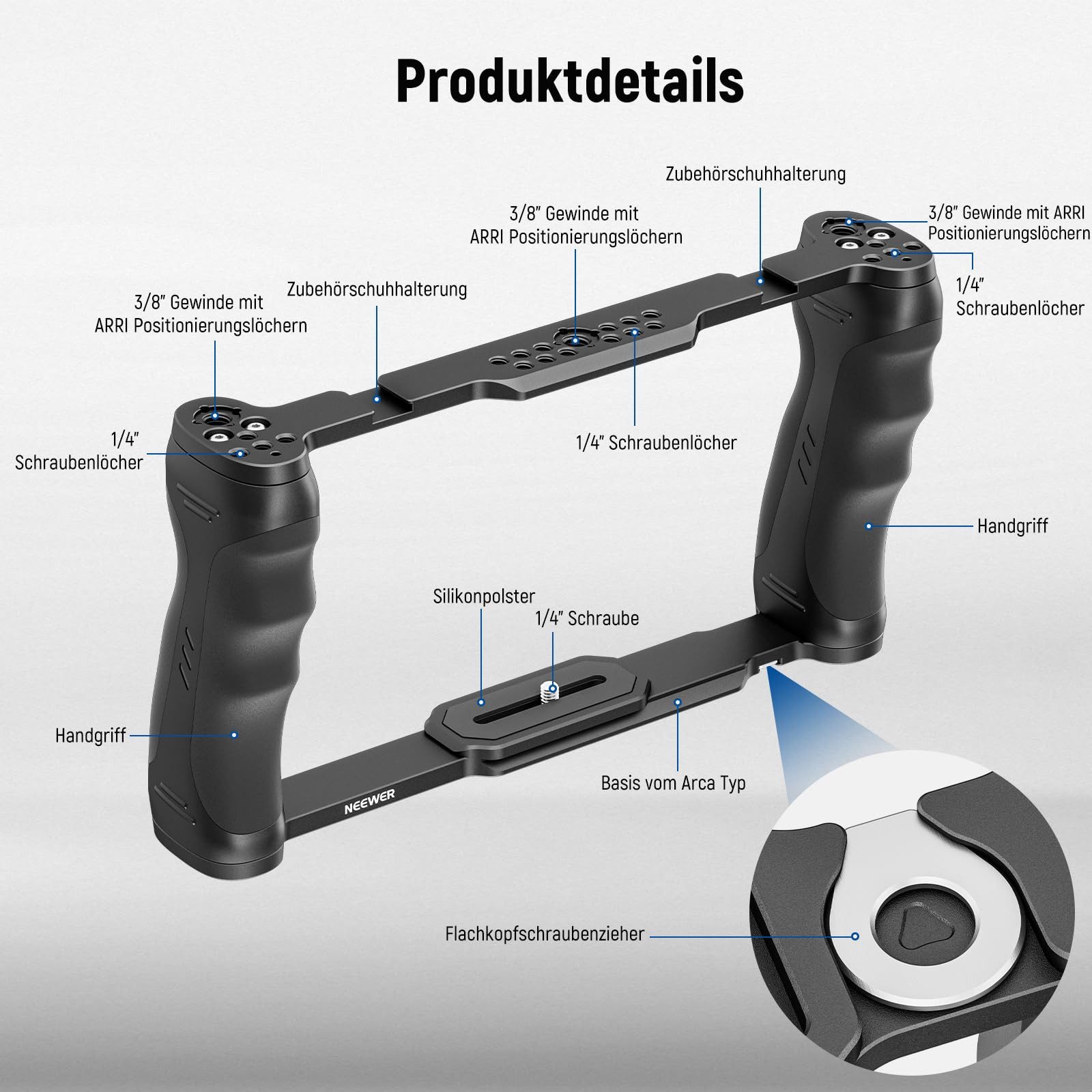 Neewer Kamerahalterung CA016 Videokamera Käfig Rig, mit Arca Basis, Doppelgriffen, (Packung, 3/8" ARRI Aufnahme 1/4" Gewinde, Kaltschuh, Stabilisator für DSLR/DSLM)