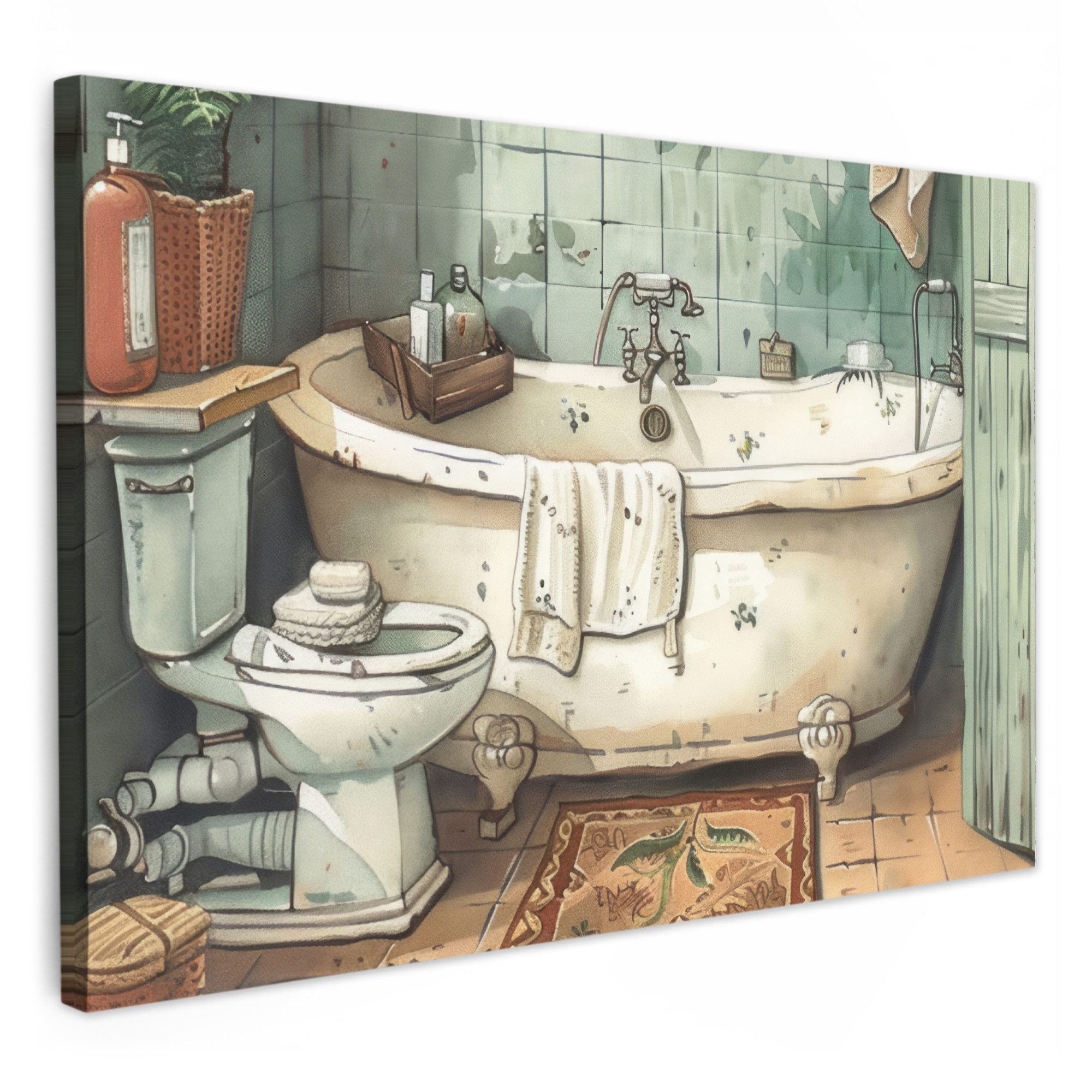 OneMillionCanvasses® Leinwandbild Vintage - Badewanne - Badezimmer - Illust günstig online kaufen