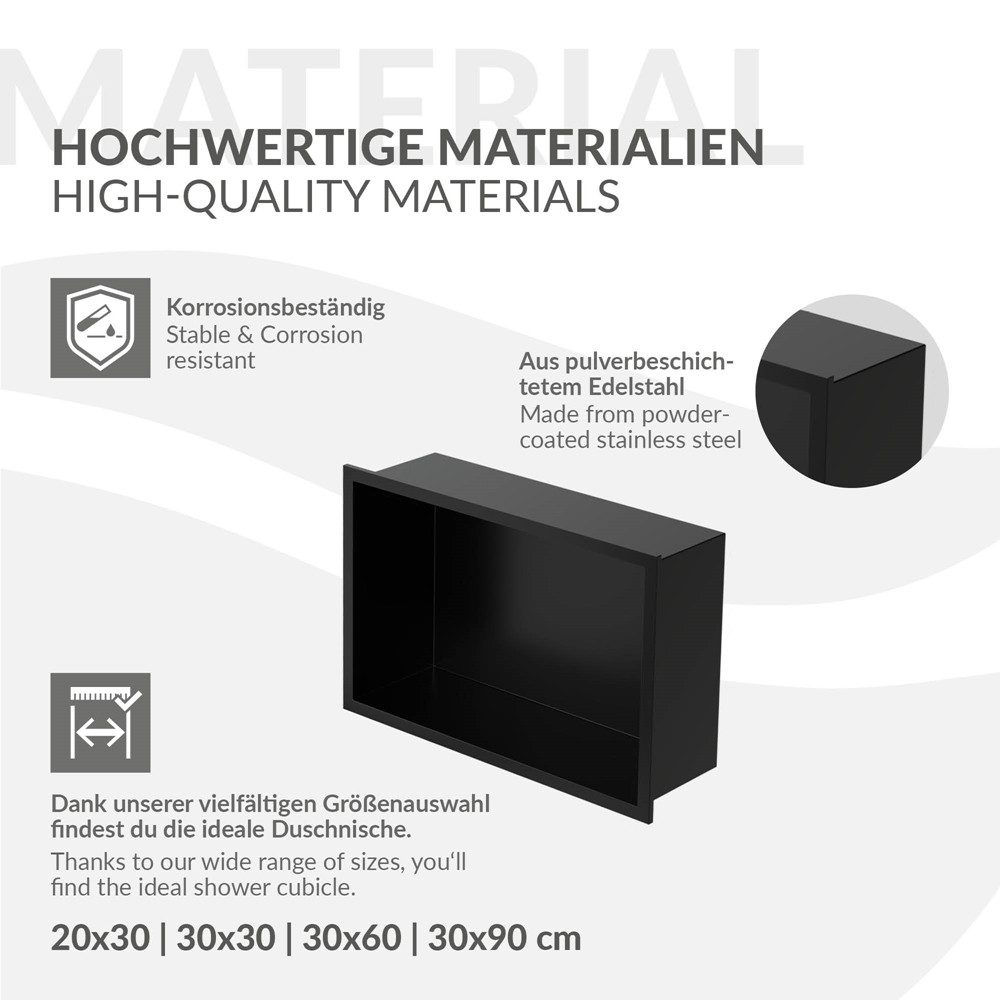 LuxeBath Duschwand Wandnische mit Rahmen aus Edelstahl Flexibler Einbau für Badezimmer, Duschnische Schwarz 20x30x10cm Einzelregal & Rahmen Befliesbare Nische – Bild 5 von 5