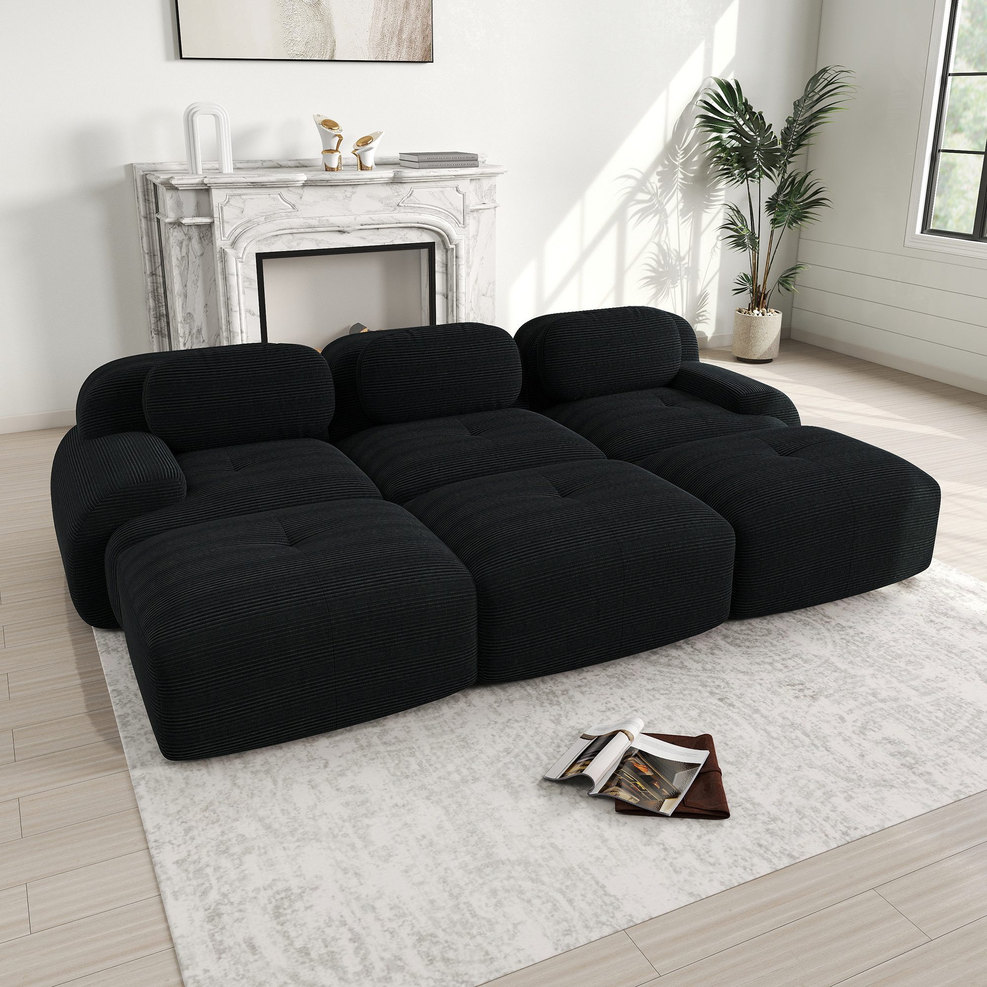 Leawin Sofa Modulares 3-Sitzer Cord-Sofa mit Hockern – Komfort & Design, Montagefrei, Haustierfreundlich, 32D Polsterung, Breite Armlehnen