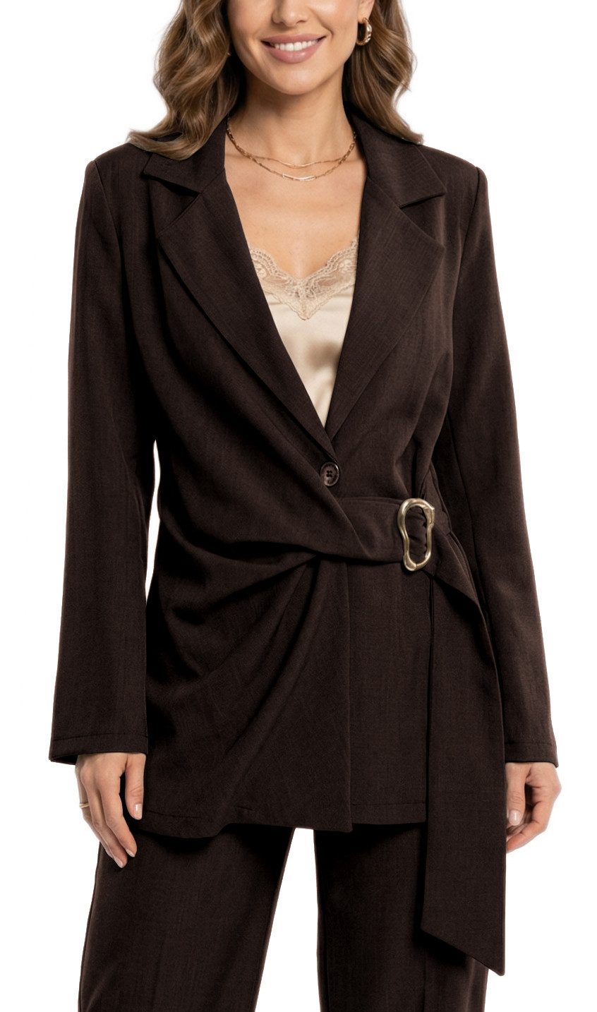 dy_mode Longblazer Damen Longblazer in Wickeloptik Taillierter Business Blazer in Unifarbe, Tailliert in Wickeloptik