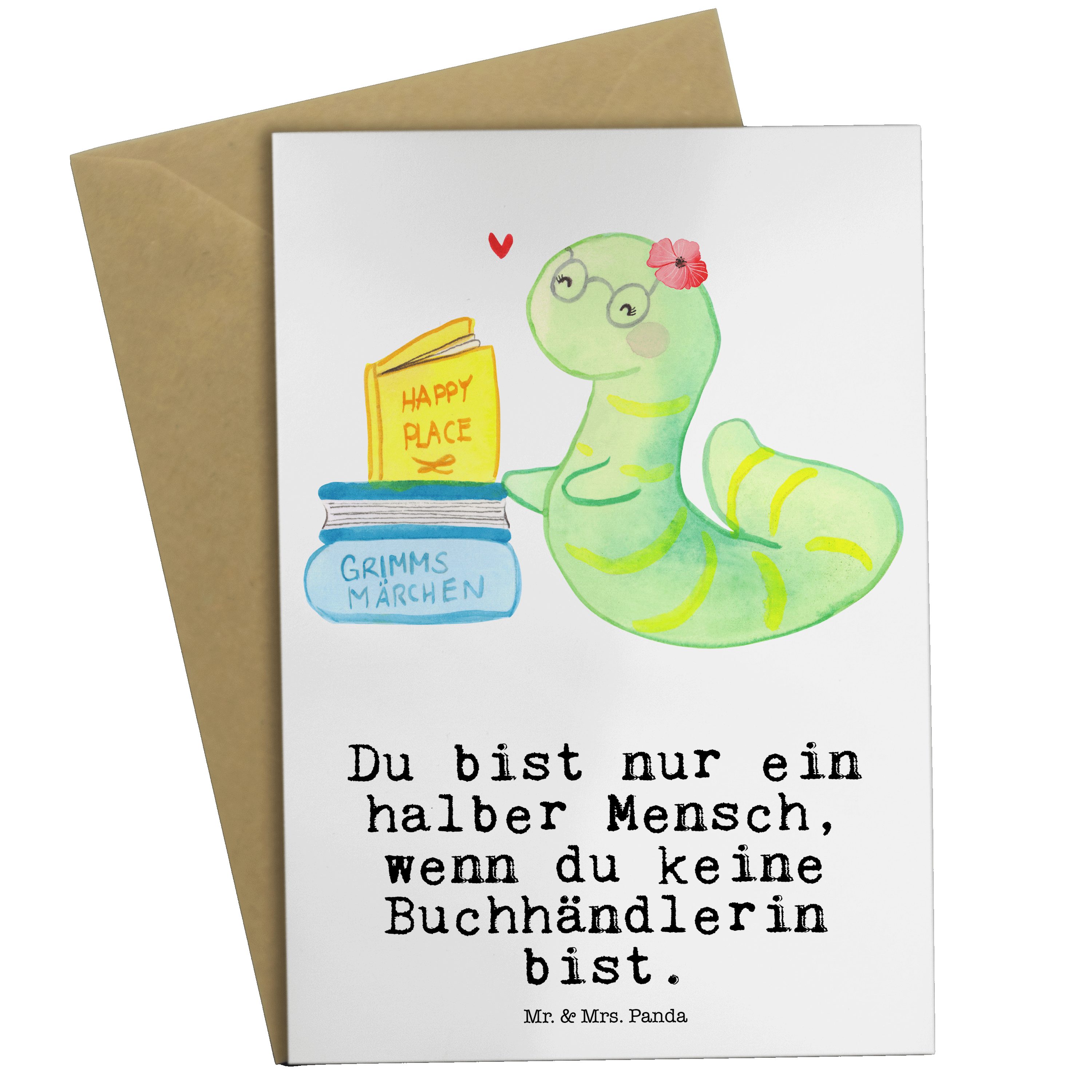 Mr. & Mrs. Panda Grußkarte Buchhändlerin mit Herz - Weiß - Geschenk, Geburtstagskarte, Firma, Ka