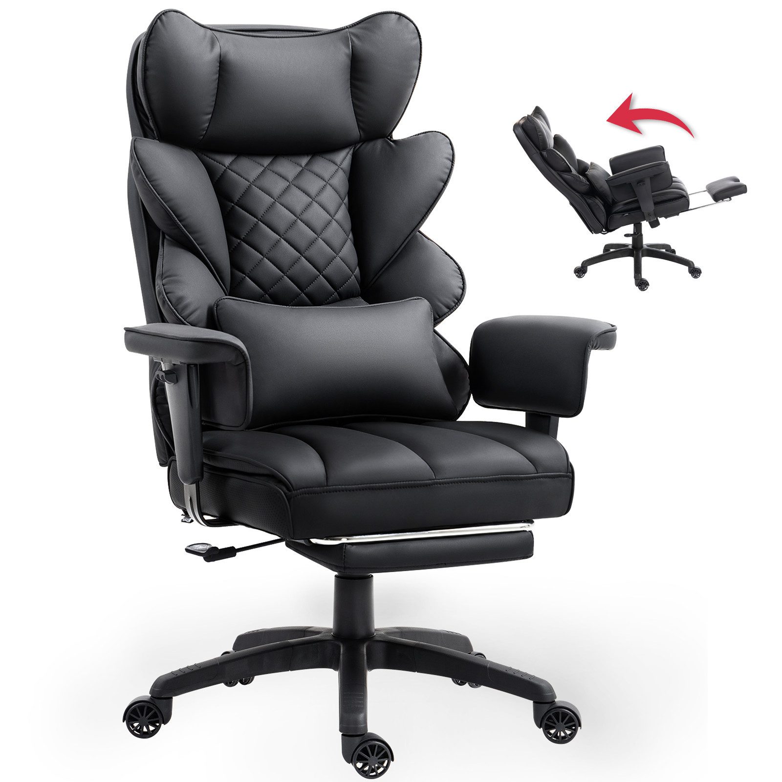 Dowinx Gaming-Stuhl Bürostuhl Ergonomisch mit Taschenfeder-Kissen (Packung), Chefsessel mit weiche Rückenlehne und verstellbare Lendenkissen