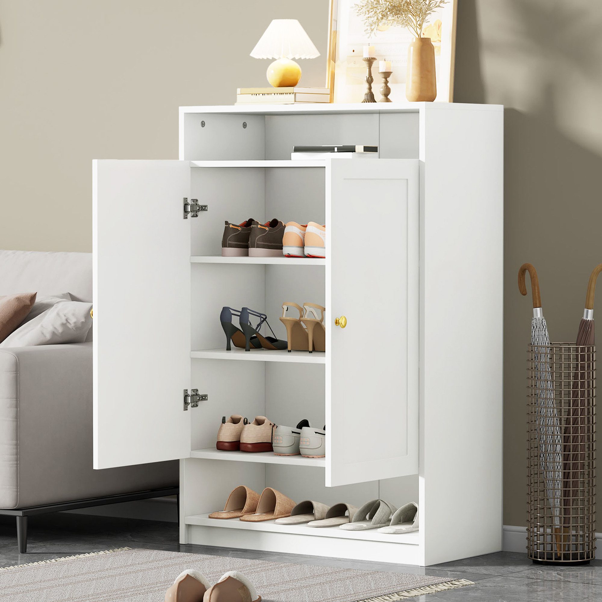 Flieks Schuhschrank mit 2 Türen (1-St., B73/D34/H109 cm) Schuhkommode mit verstellbaren Regalen Schuhregal Weiß, 5 Fächern – Bild 2 von 5