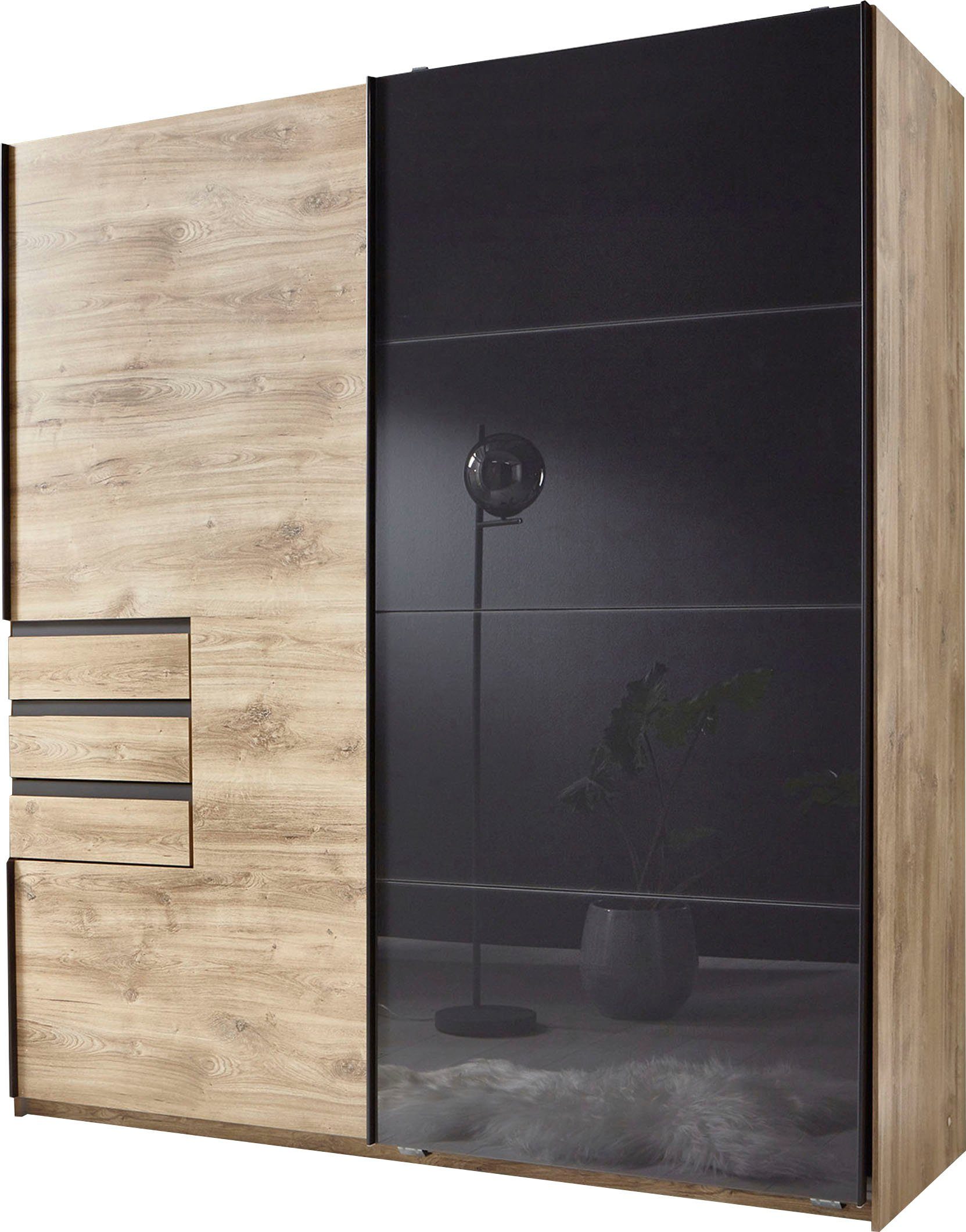 Wimex Schwebetürenschrank Oldenburg, Kleiderschrank mit Glaselementen in schwarz, 3 Schubladen (B/T/H: 180/64/198cm, inklusive geräumigen Innenleben, Made in Germany) mit Glaselementen