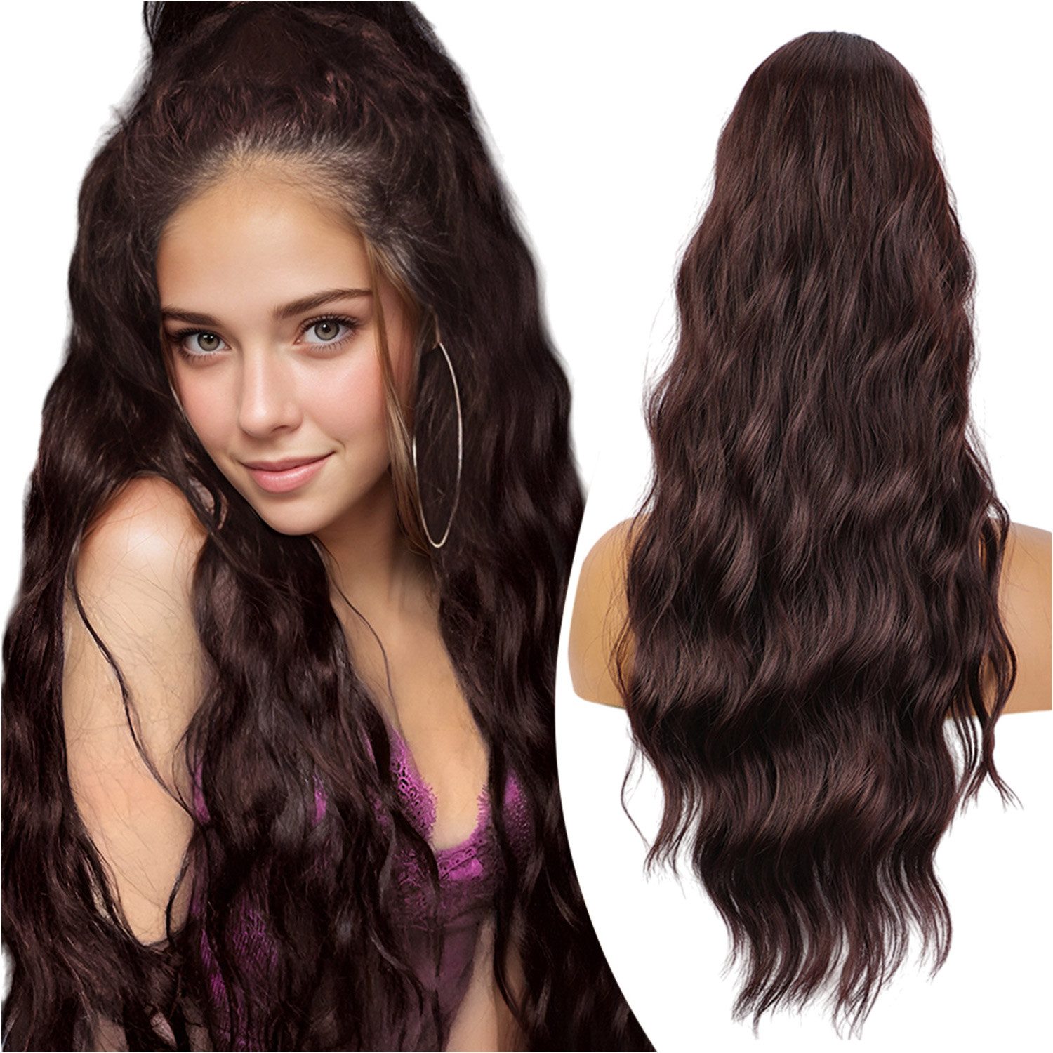 Refttenw Kunsthaarperücke Damen 66cm Pferdeschwanz Haarteil Zopf Lockige Wellige Langhaarperücke, Dunkler Burgund