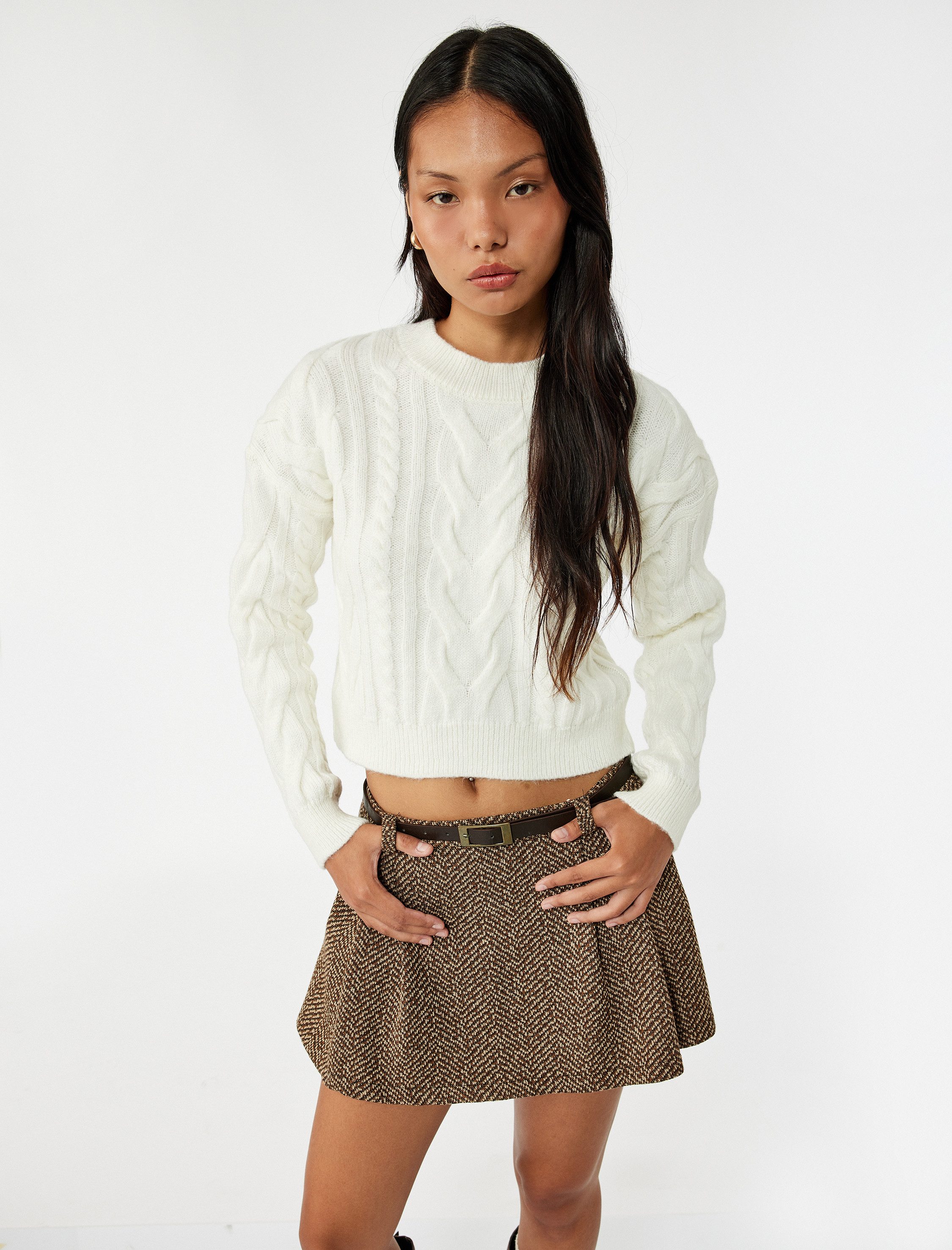Koton Strickpullover Koton Kabelstrick Rundhals Pullover
