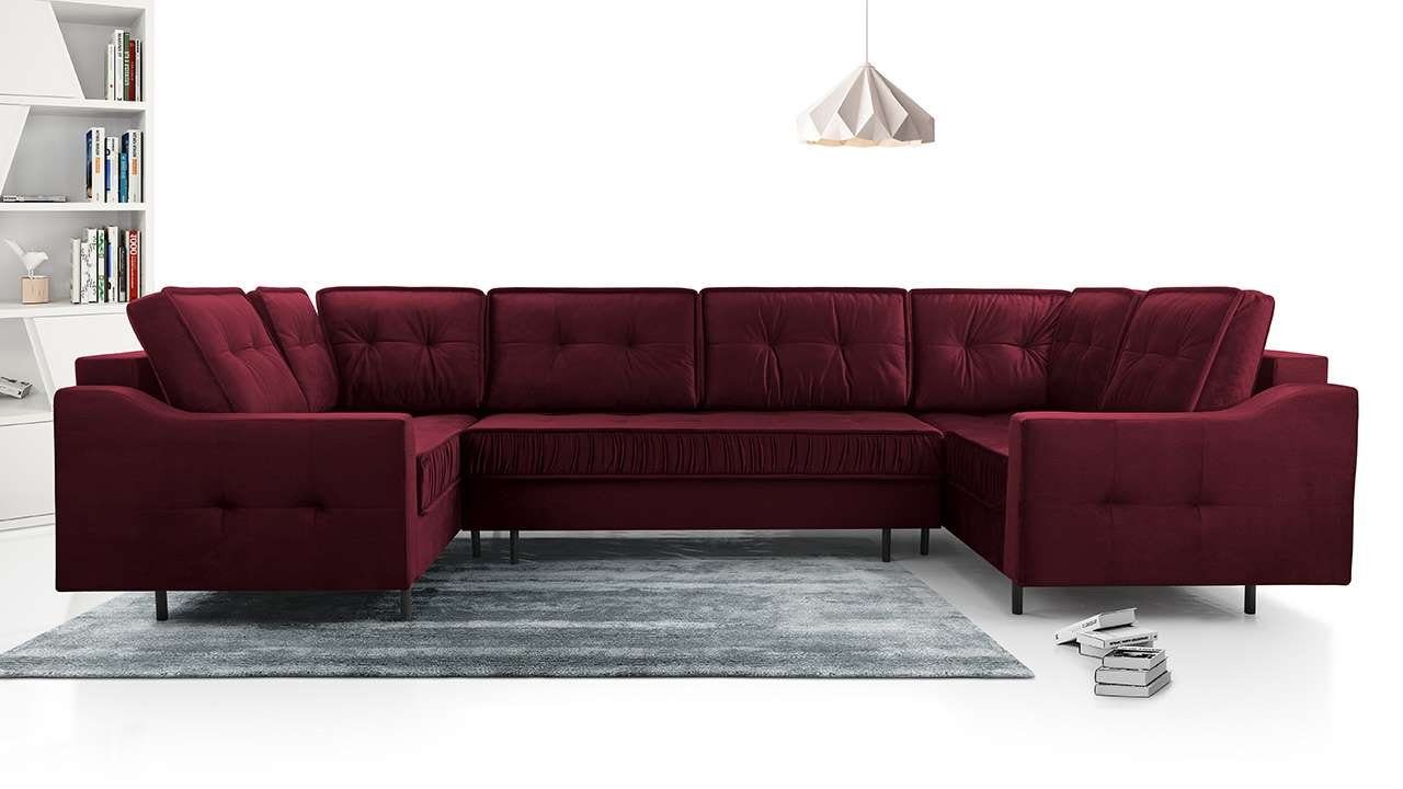 MKS MÖBEL Ecksofa ABETO U, Wohnlandschaft - U-Form Couch mit Schlaffunktion - Bettsofa Rotwein Monolith
