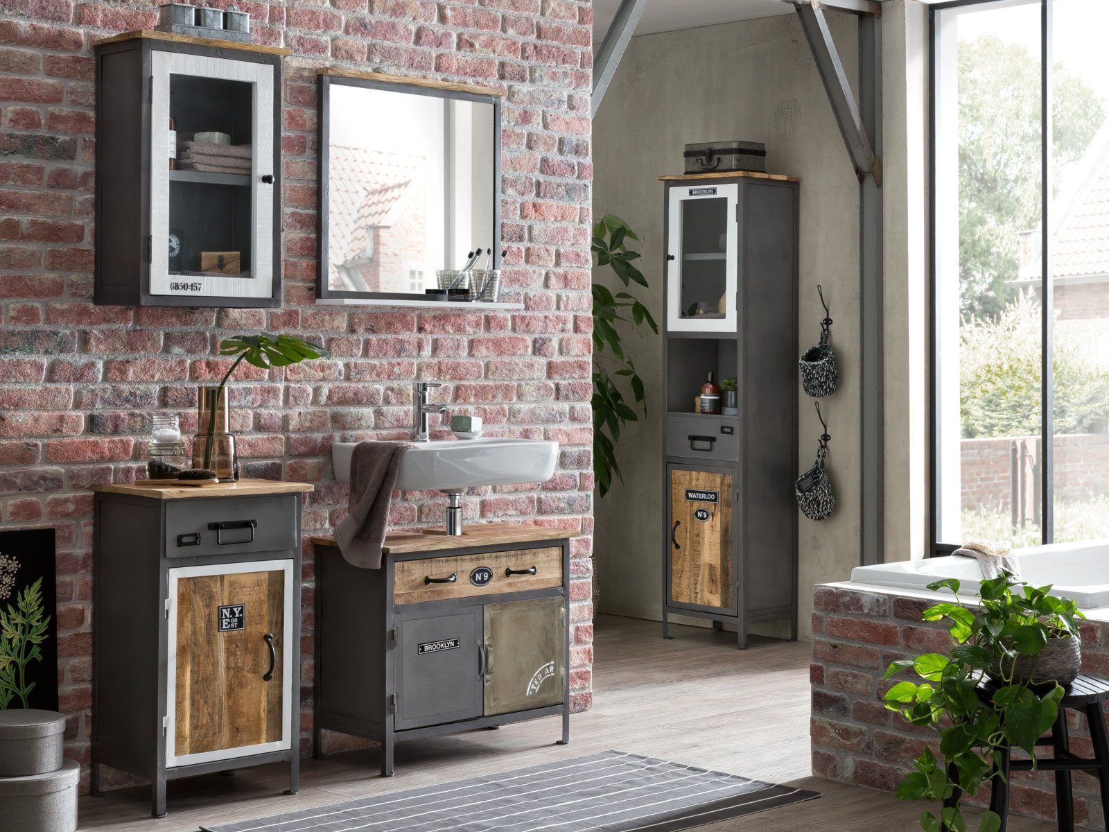 massivum Waschbeckenunterschrank Pinetown, Badschrank grau, Metall-Holz Mix