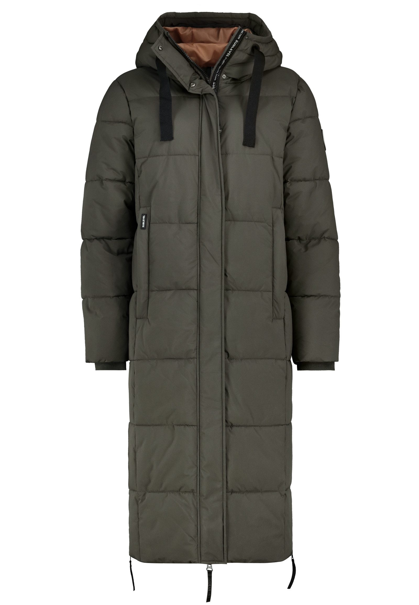 SUBLEVEL Wintermantel Damen Steppmantel Kapuze extra lang, seitliche Reißverschlüsse, Stepp-Optik