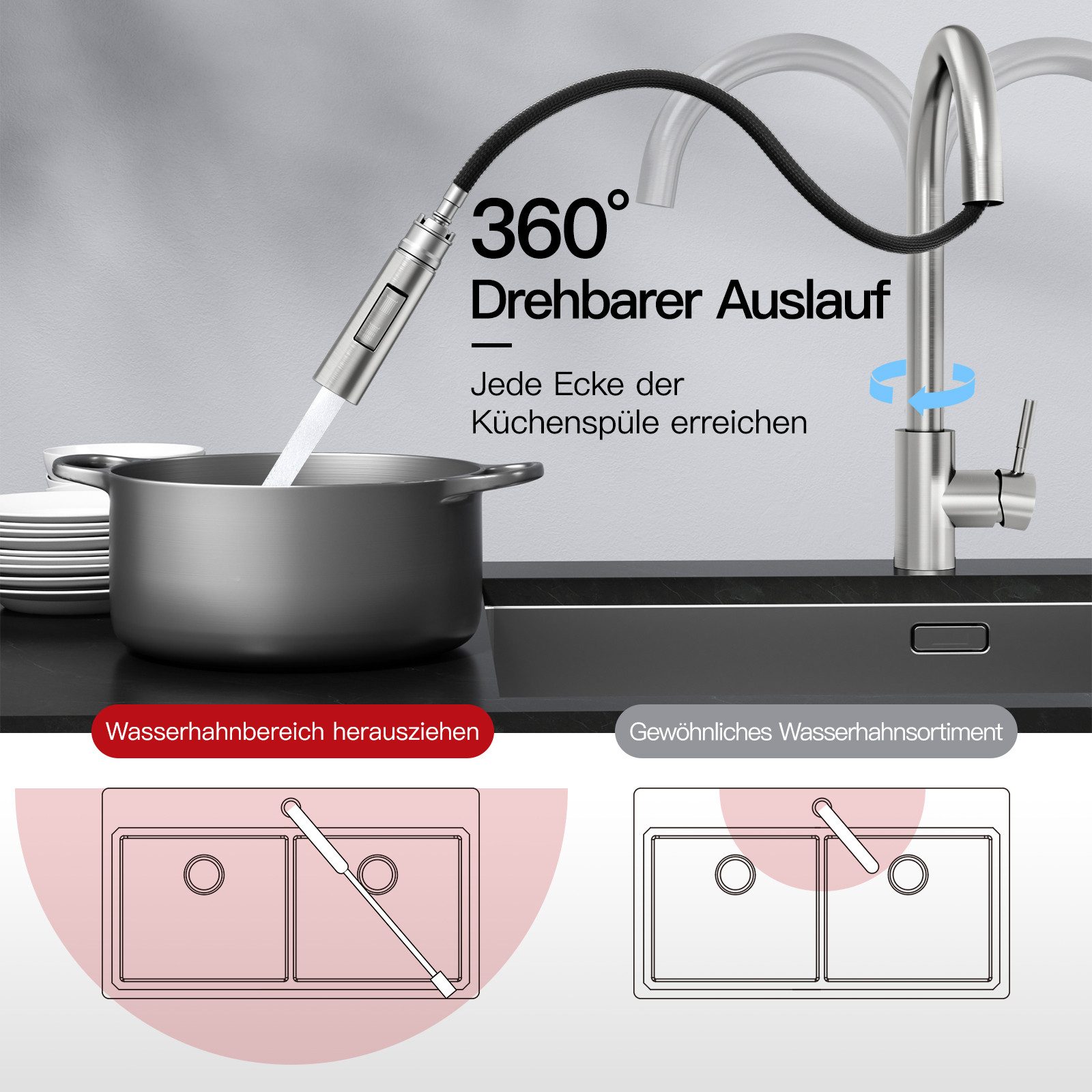 Rainsworth Küchenarmatur mit Brause Ausziehbar Zwei Wasserstrahlarten, 360° Drehung, Edelstahl, Einfache Installation – Bild 4 von 5