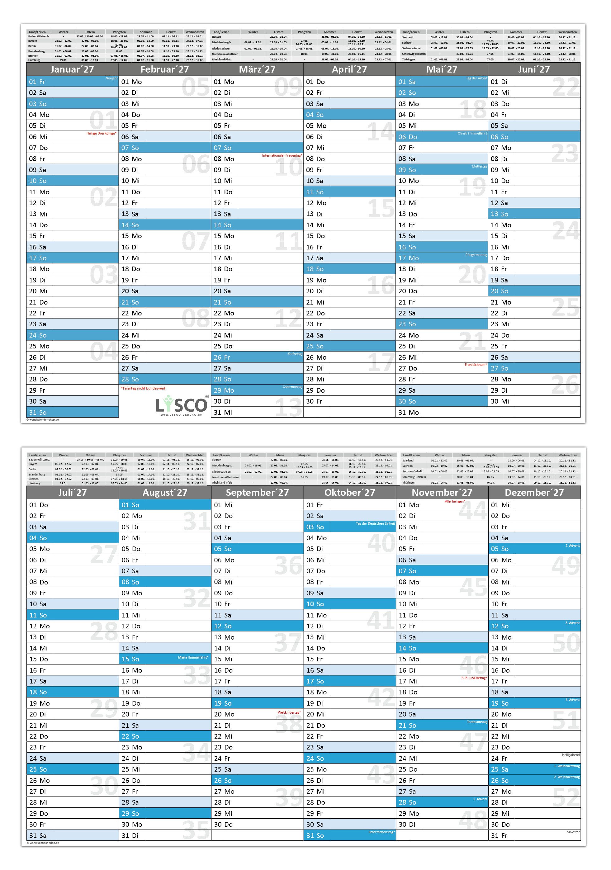 LYSCO Настольный календарь Tafelkalender DIN A3 / A4 / A5 300g Papier, Tafelkalender für das Jahr 2027 in verschiedenen Stückzahlen und Formaten, sehr gut beschreibbar