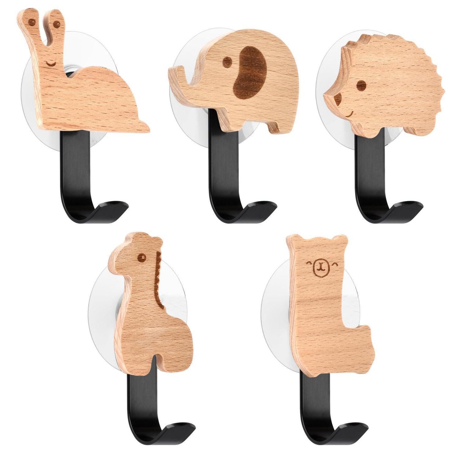 LuxusKollektion Kleiderhaken Kleiderhaken Kinder Tiere Holz selbstklebend Wandhaken, (5-St)