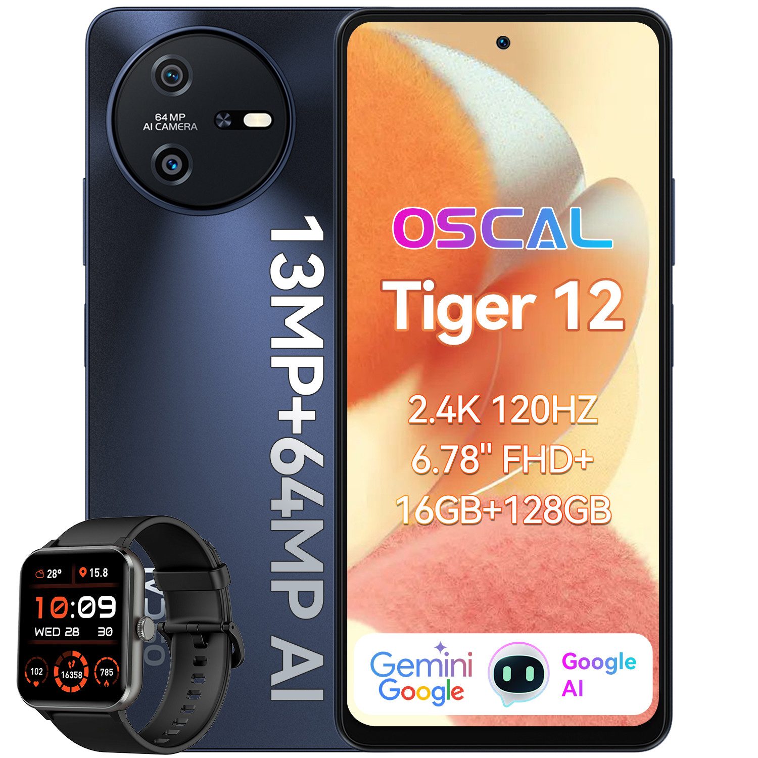 OSCAL TIGER 12 mit MediaTek Helio G99 incl. R50 AI Smartphone (6.56 Zoll, 128 GB Speicherplatz, 64 MP Kamera, 64MP, 5000 mAh Akku, Gemini AI, Face ID/Fingerabdruck, NFC)