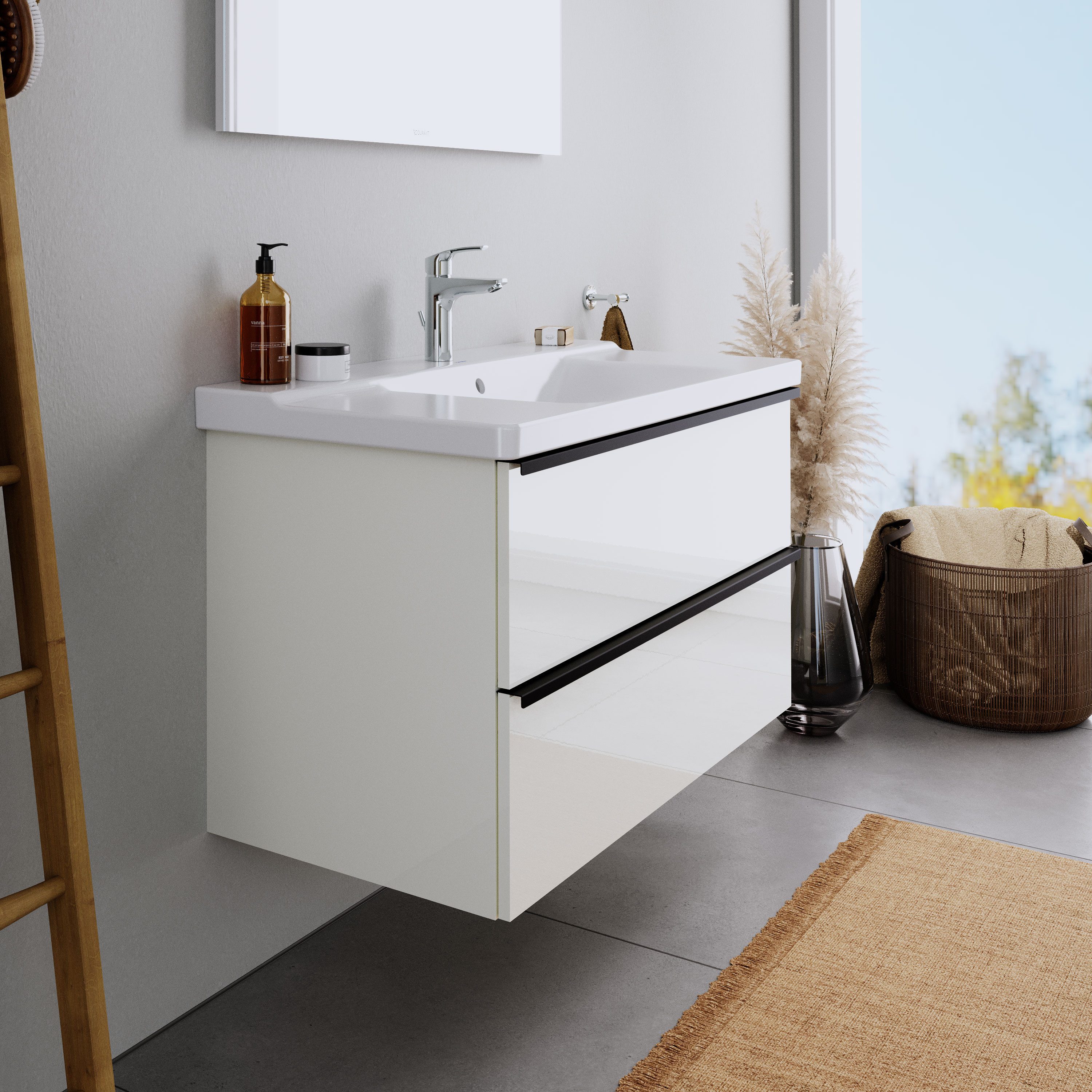 Duravit Badmöbel-Set DuraPoint Weiß glänzend 100cm, Badmöbel Set Unterschrank Keramik Waschbecken 2 Auszüge