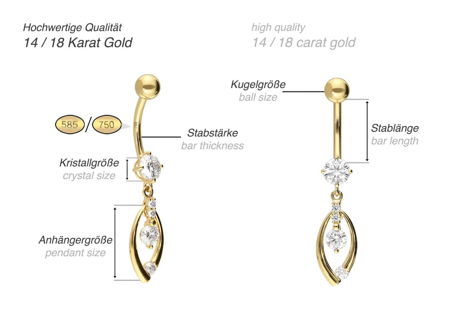 PIERCINGLINE Bauchnabelpiercing 14/18 Karat Gold Bananabell MOISSANIT-SCHLAUFE (Bananabells, 1-tlg)