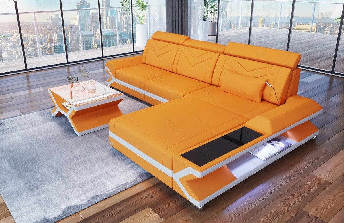 Ecksofa Apricot-Weiss Napoli Bettfunktion, Polster Designersofa Stoff Stoffsofa, C87 Dreams Sofa Couch mit L Sofa LED, ausziehbare Form
