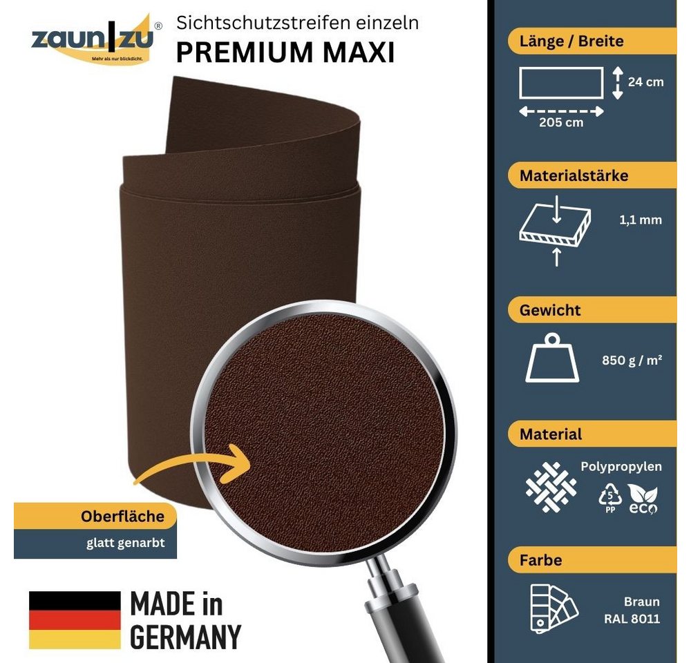 Thumbnail - zaunzu Sichtschutzstreifen Premium Maxi für Doppelstabmatten 24cm hoch Braun 2,05m, (1x Einzelstreifen, 24cm hoch, UV-be...