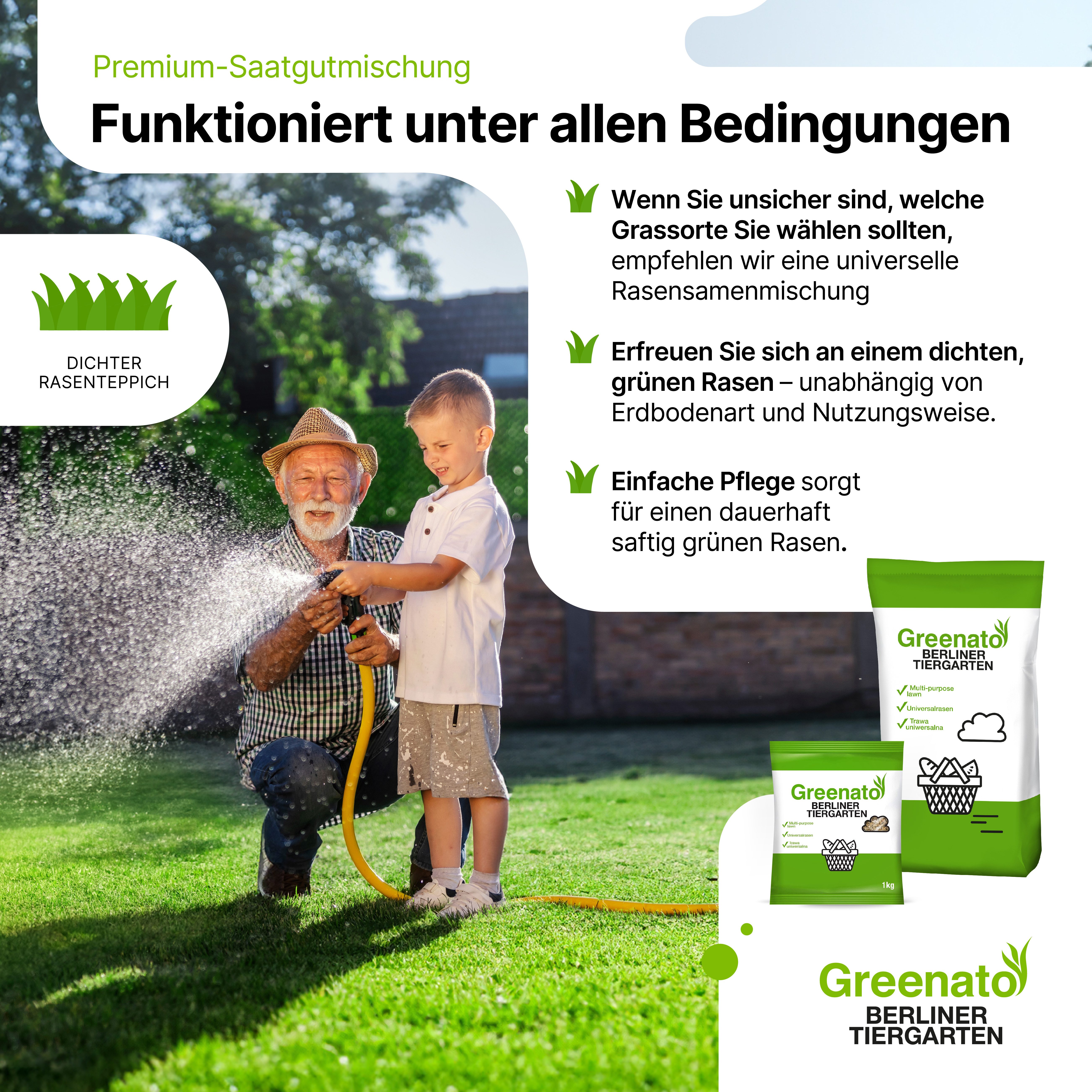 Greenato Rasensamen Berliner Tiergarten - Grassamen schnellkeimend -, 5 kg, für Zierrasen, Schattenrasen oder Trockenrasen – Bild 5 von 5