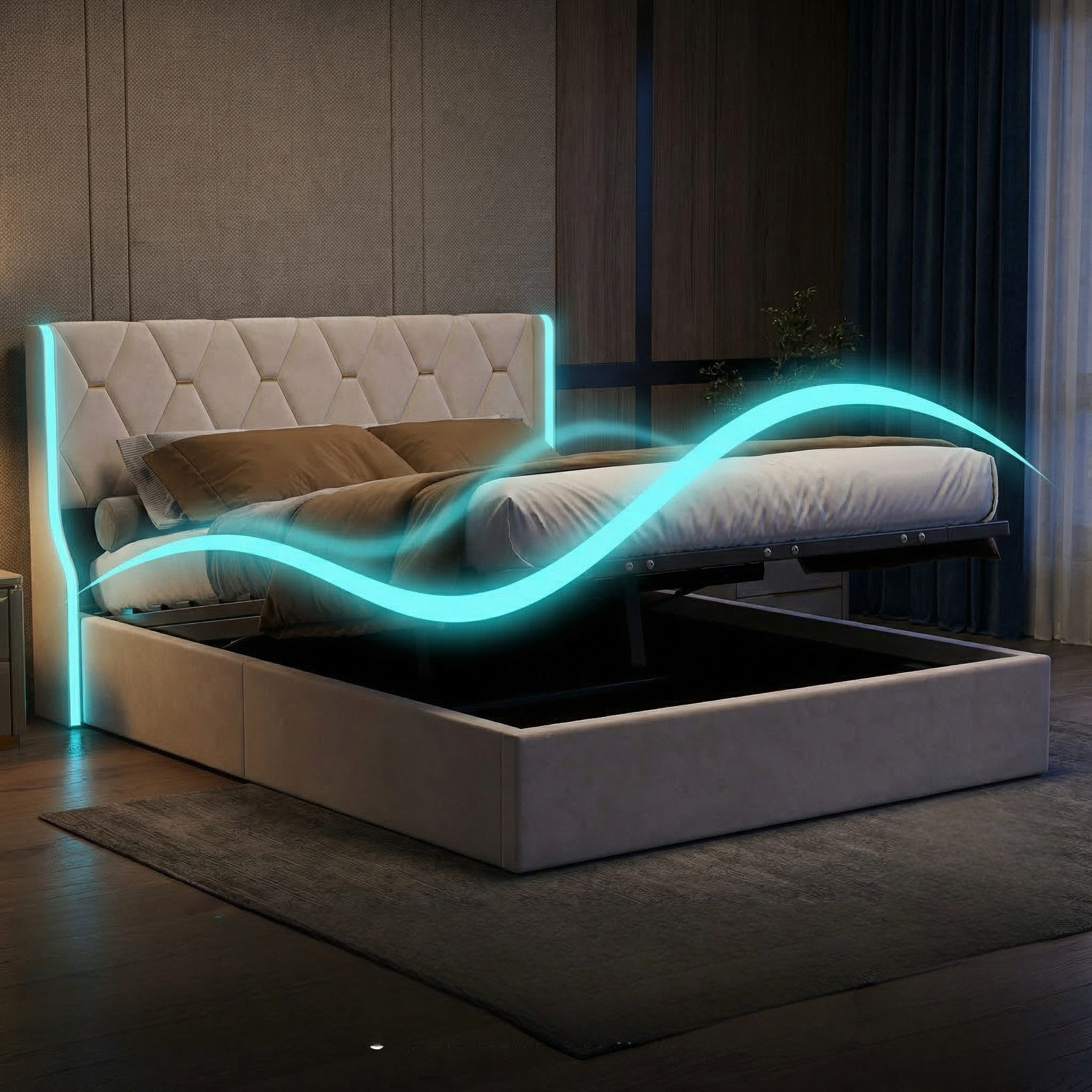 PXloue Polsterbett Doppelbett Stauraumbett mit bettkasten (Hydraulisch anhebbarer Stauraum), mit Lattenrost und Stauraum, LED-Beleuchtung, 140x200 cm