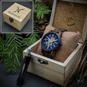 Holzwerk Automatikuhr CRIVITZ Herren Edelstahl & Holz Armband Uhr in braun, blau, gold