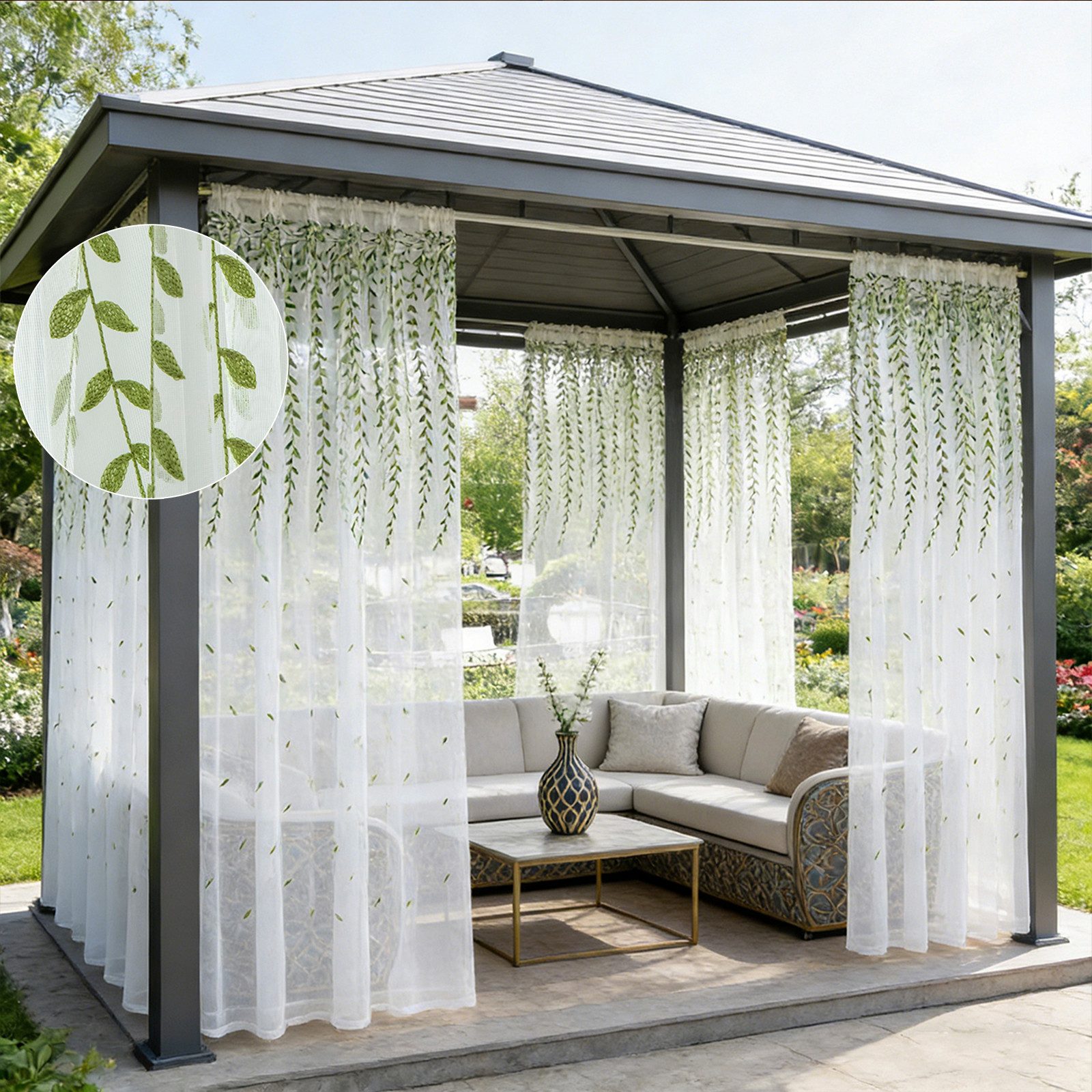 Sunicol Vorhang 2er Set Rankenblatt Bestickt Transparente Gardine Voile für Wohnzimmer, Outdoor Vorhang für Pavillon Terrasse Balkon