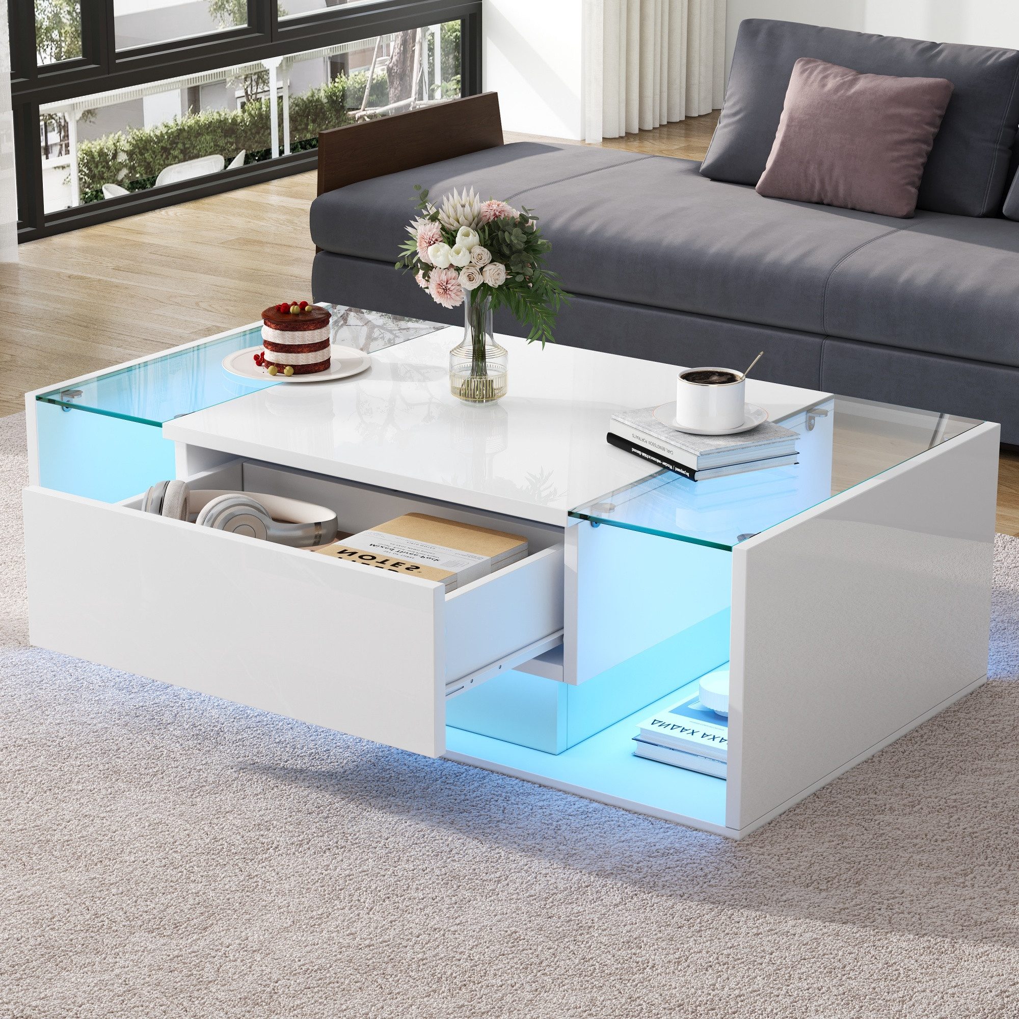 REDOM Couchtisch Hochglanz Beistelltisch Wohnzimmertisch (Satztisch, moderner Kaffeetisch Sofatisch, 1-St., 100x50x31 cm), mit LED Beleuchtung und 1 Schublade