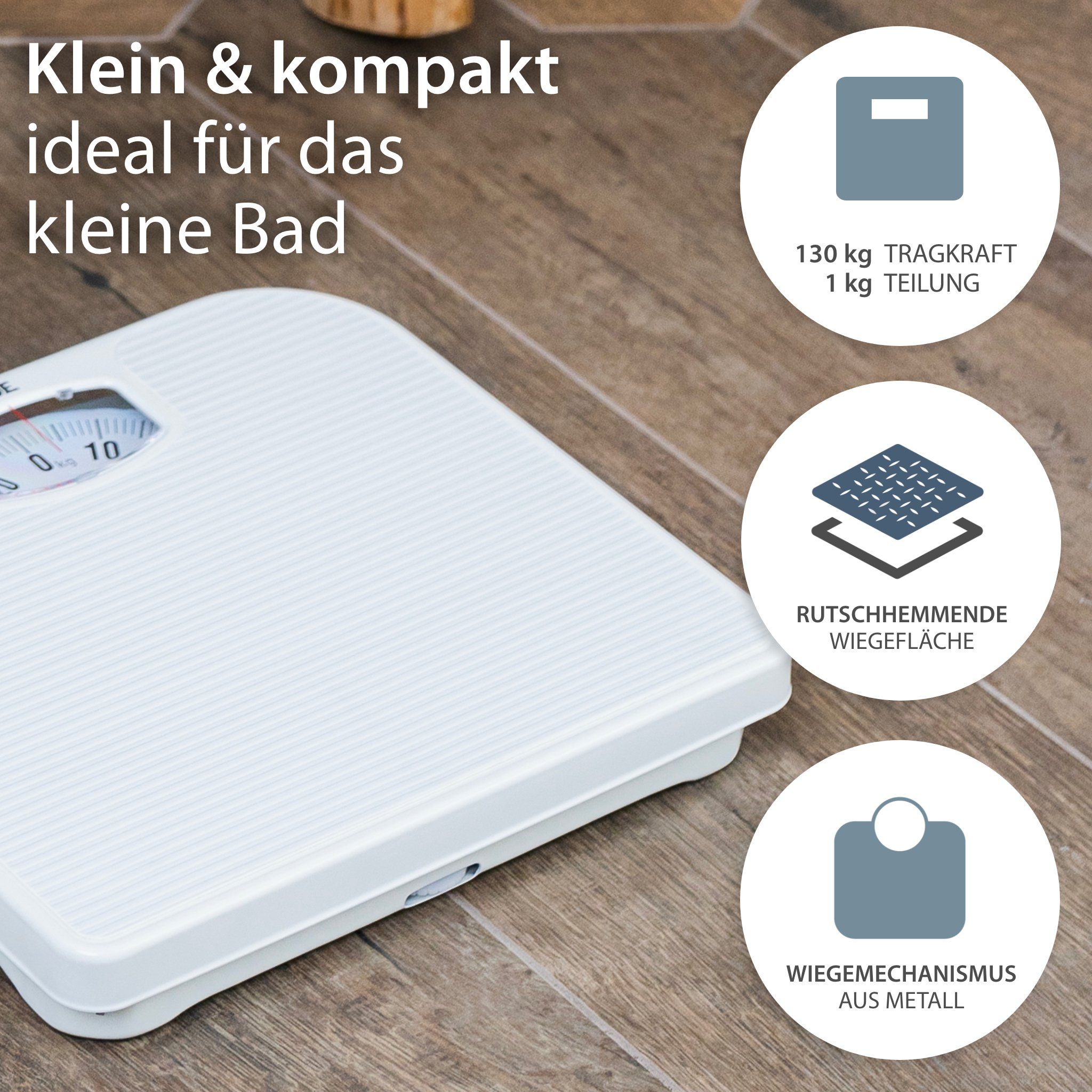 ADE Personenwaage Analoge Körperwaage, mechanische Badezimmerwaage, leicht ablesbare Skala, bis 130 kg, weiß
