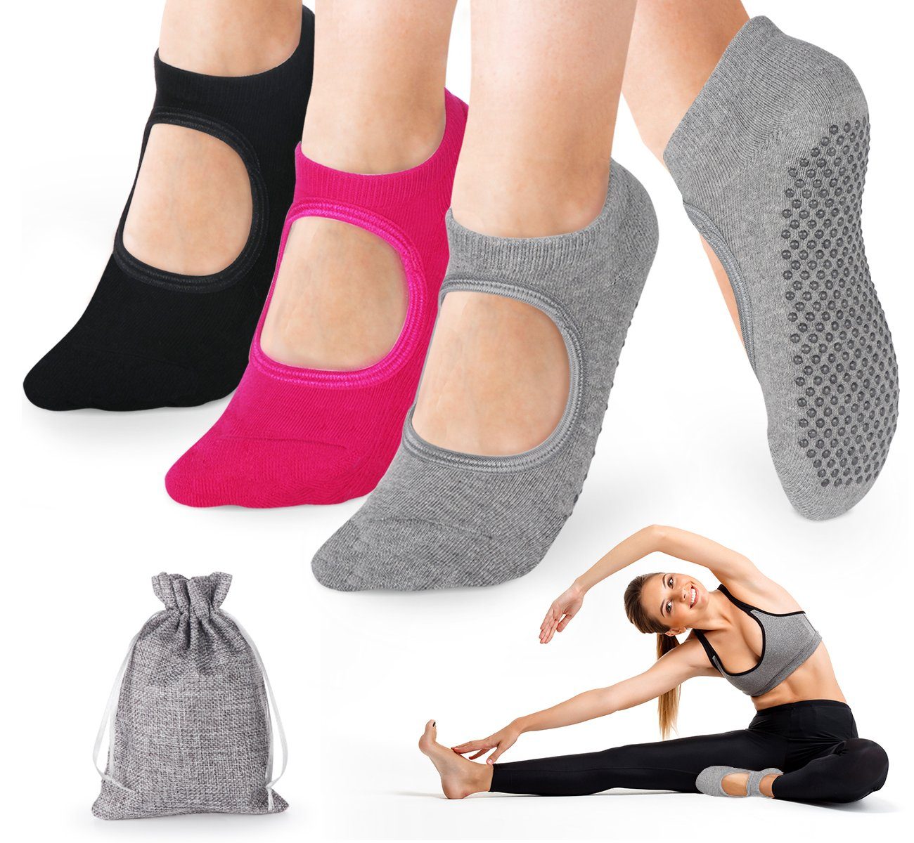 Homewit Sneakersocken Yoga Ballett, Trampolin Socken Anti-Rutsch-Socken Fitness Yoga, Sportsocken) Kampfsport, (Beutel, 3-Paar, für Damen für Tanz, Pilates