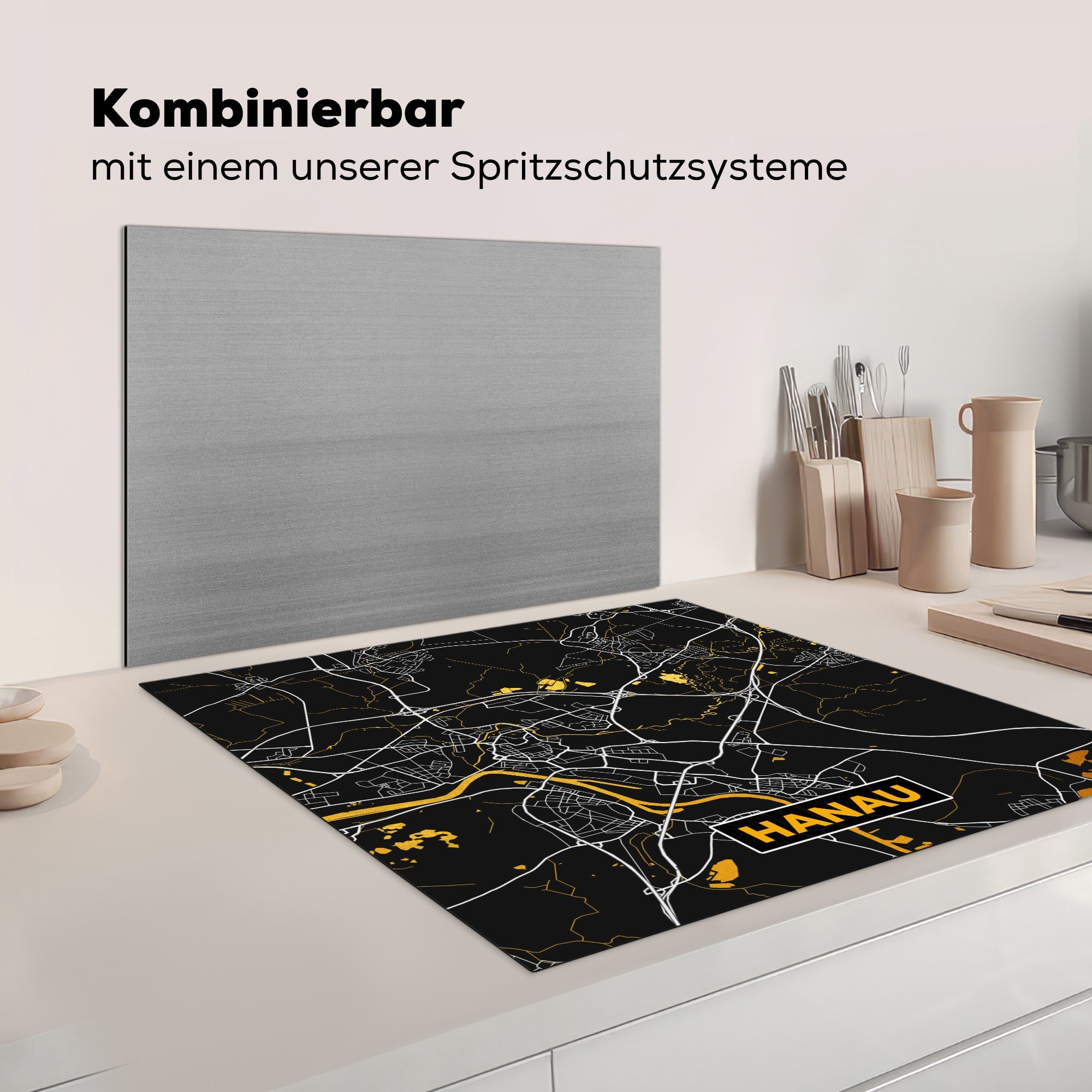 küche - - Stadtplan Deutschland, für Vinyl, (1 Hanau Karte tlg), cm, - Gold Arbeitsplatte Herdblende-/Abdeckplatte - 78x78 Ceranfeldabdeckung, MuchoWow