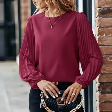 Opspring Langarmbluse Damen Bluse Chiffon Plissee Laternenärmel Langarm Elegant Tunika Tops