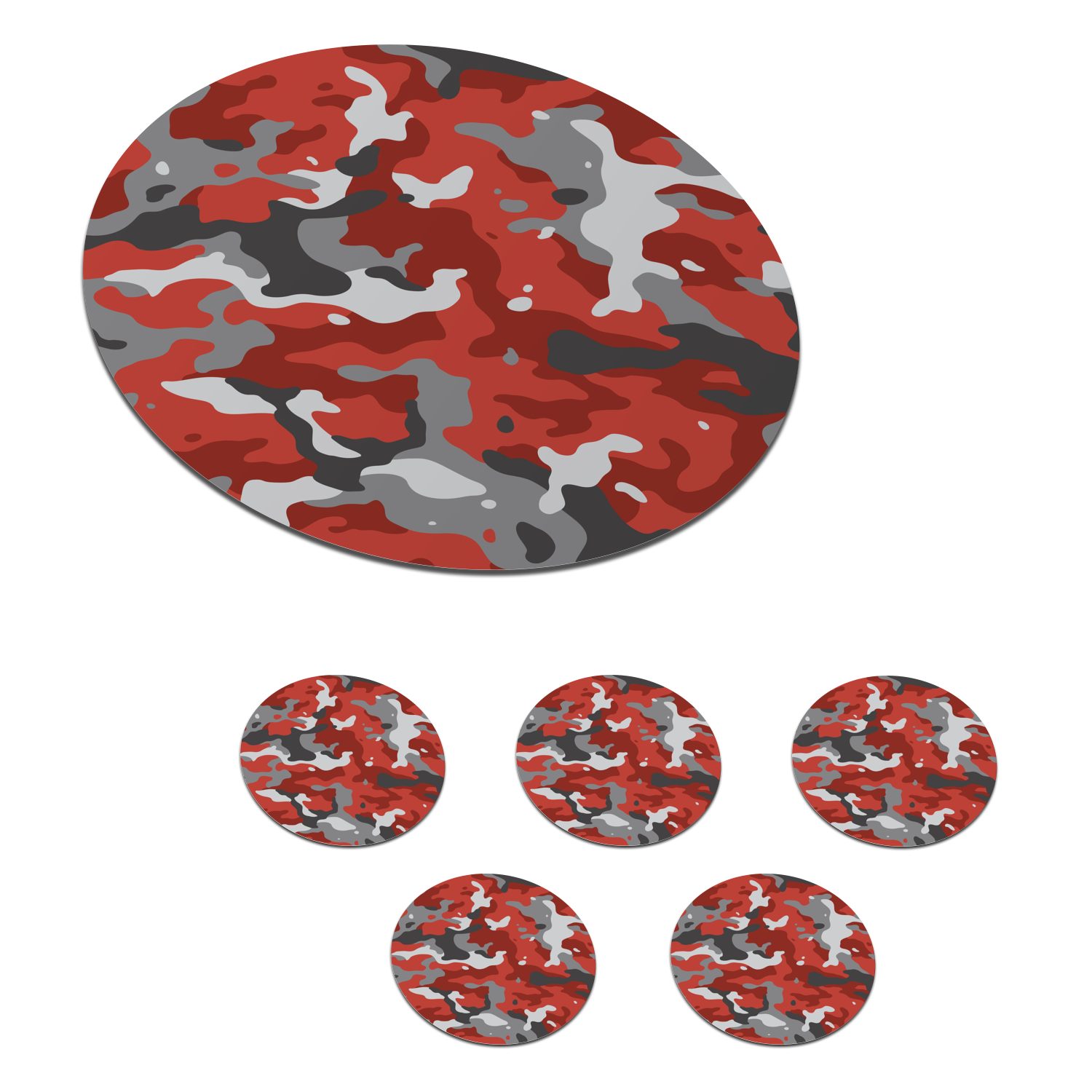 MuchoWow Glasuntersetzer Rot mit grauem Camouflage-Muster, Zubehör für Gläser, 6-tlg., Getränkeuntersetzer, Tassenuntersetzer, Korkuntersetzer, Tasse, Becher