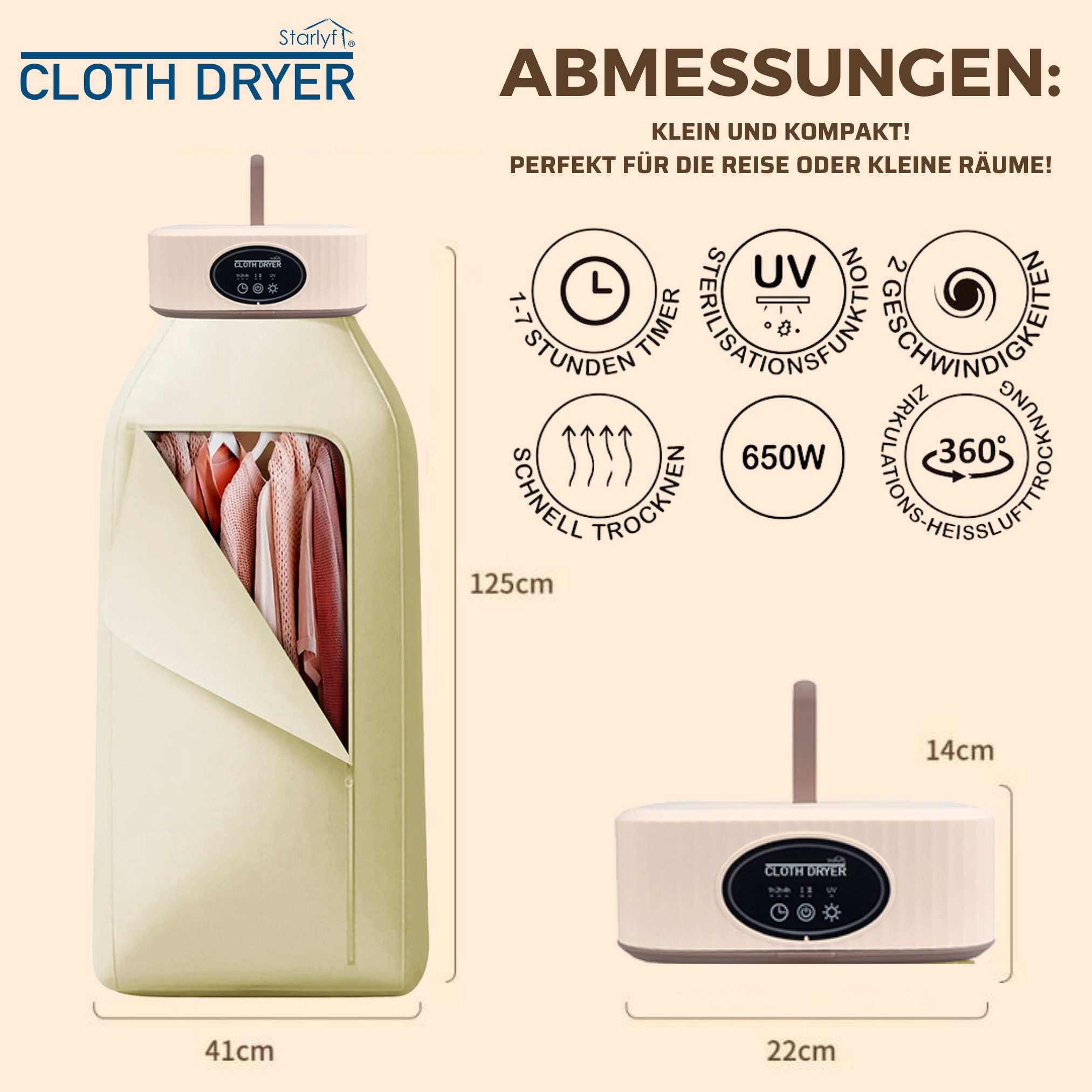 Starlyf Elektrischer Wäschetrockner Cloth Dryer, Trockner elektrisch, klappbar, klein und schmal zum Anhängen