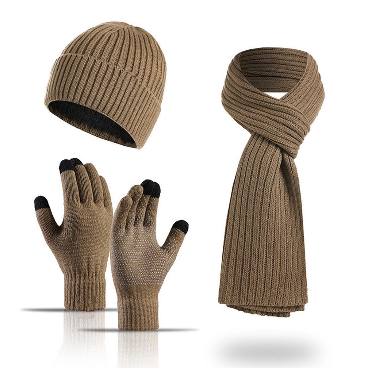 Kombi Beanie Damen Handschuhe (3-tlg) Schal LENBEST für Set Mütze Herren Winter & Schal Mütze Khaki