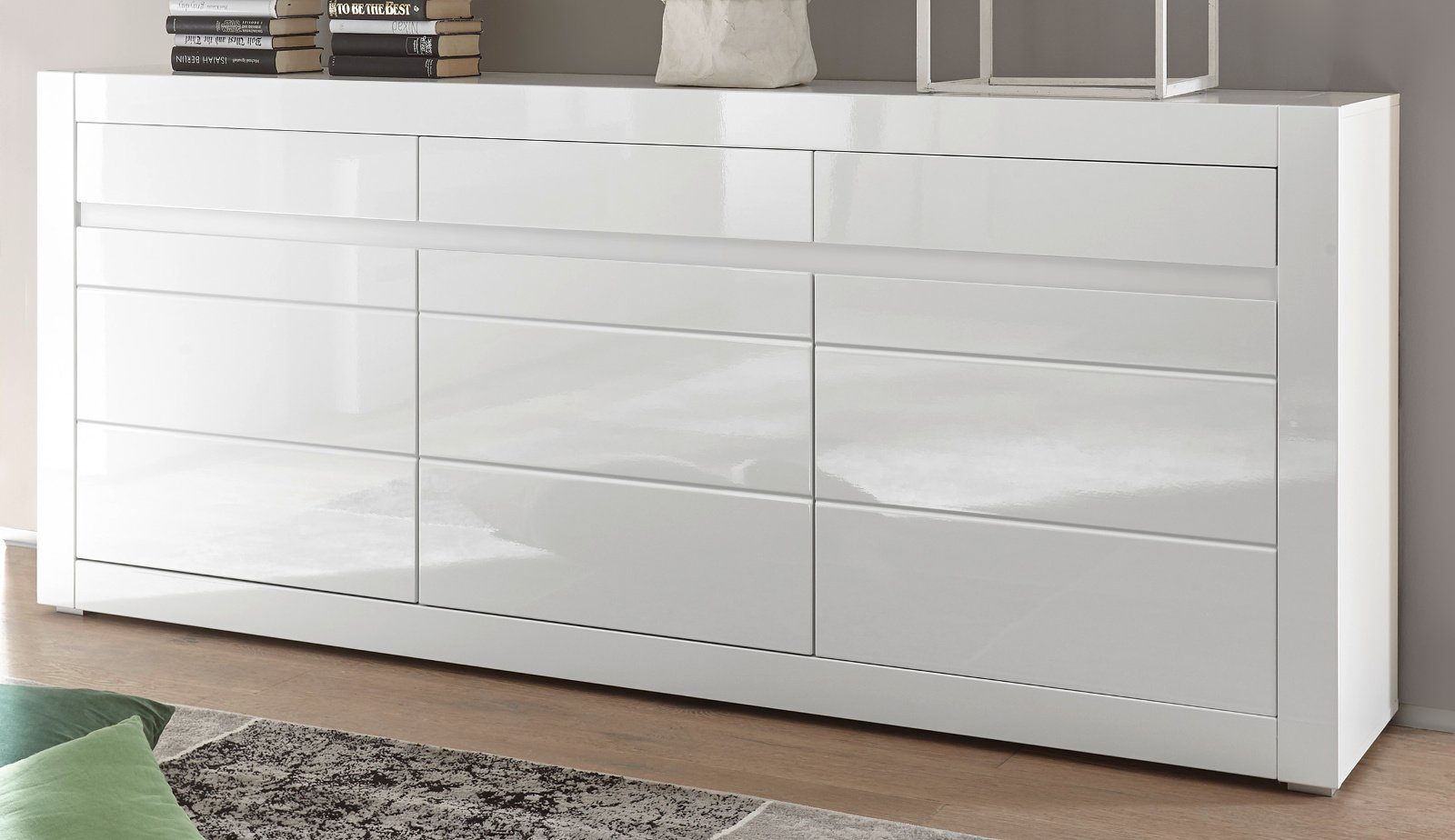 IMV Sideboard Nobile (Anrichte in weiß, 3 Türen, 3 Schubladen, Breite 217  cm), Hochglanz, Schubladen mit Soft-Close, Türen mit Soft-Close