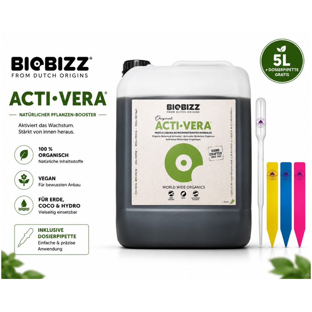 Biobizz Pflanzendünger Biobizz Acti·Vera, Inklusive Dosierpipette und 3 Pflanzenschildern (Farbe zufällig), Pflanzentonikum, biologische Basis, für große Pflanzensysteme