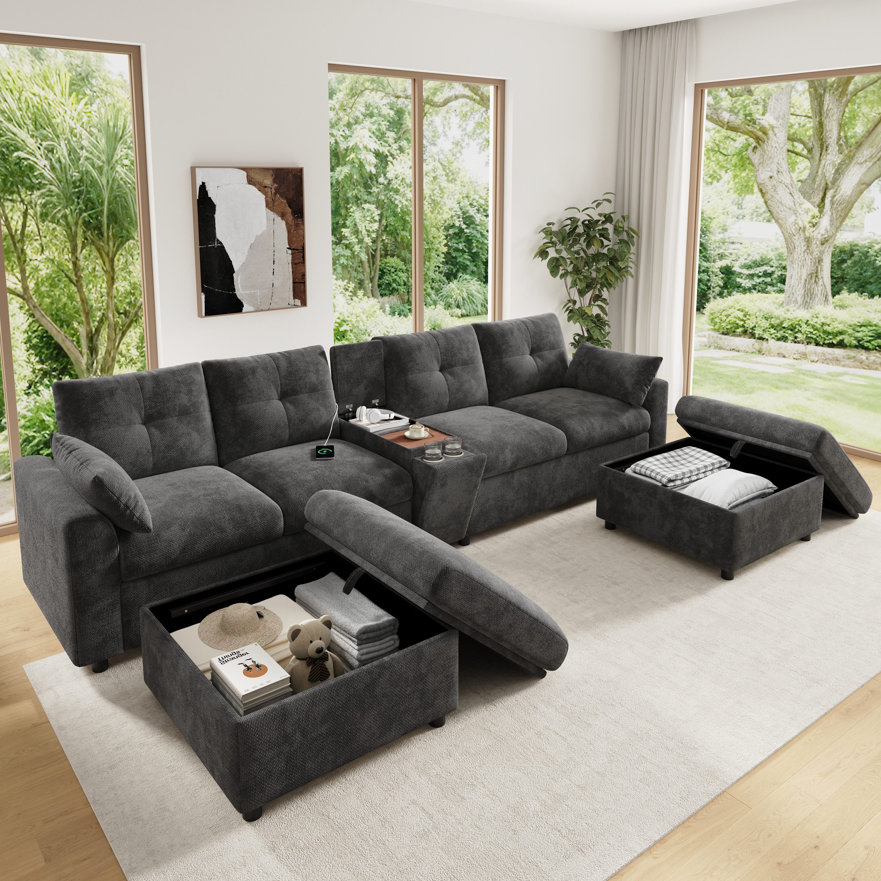 i@home Ecksofa Modulare Ecksofa Wohnlandschaft 6-Sitzer U-/L-Form, mit Ablagefläche,Staufach & versenkbaren Getränkehaltern, Grau