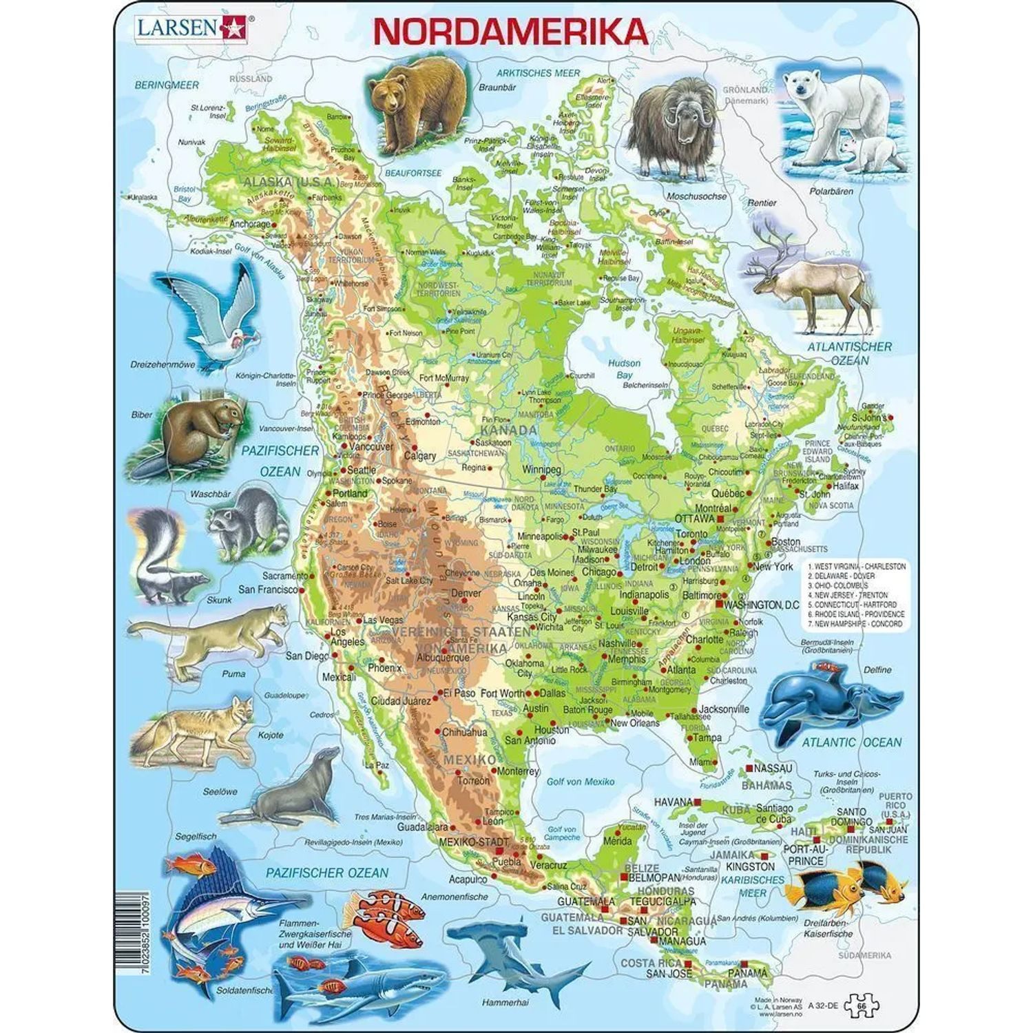 Media Verlag Puzzle Puzzle - Nordamerika (physisch), 99 Puzzleteile