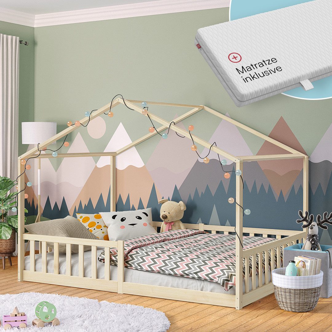 Bellabino Hausbett Bia mit Rausfallschutz und Lattenrost (natur, mit Matratze), Bodenbett verfügbar in 80x160 & 90/120/140x200 cm