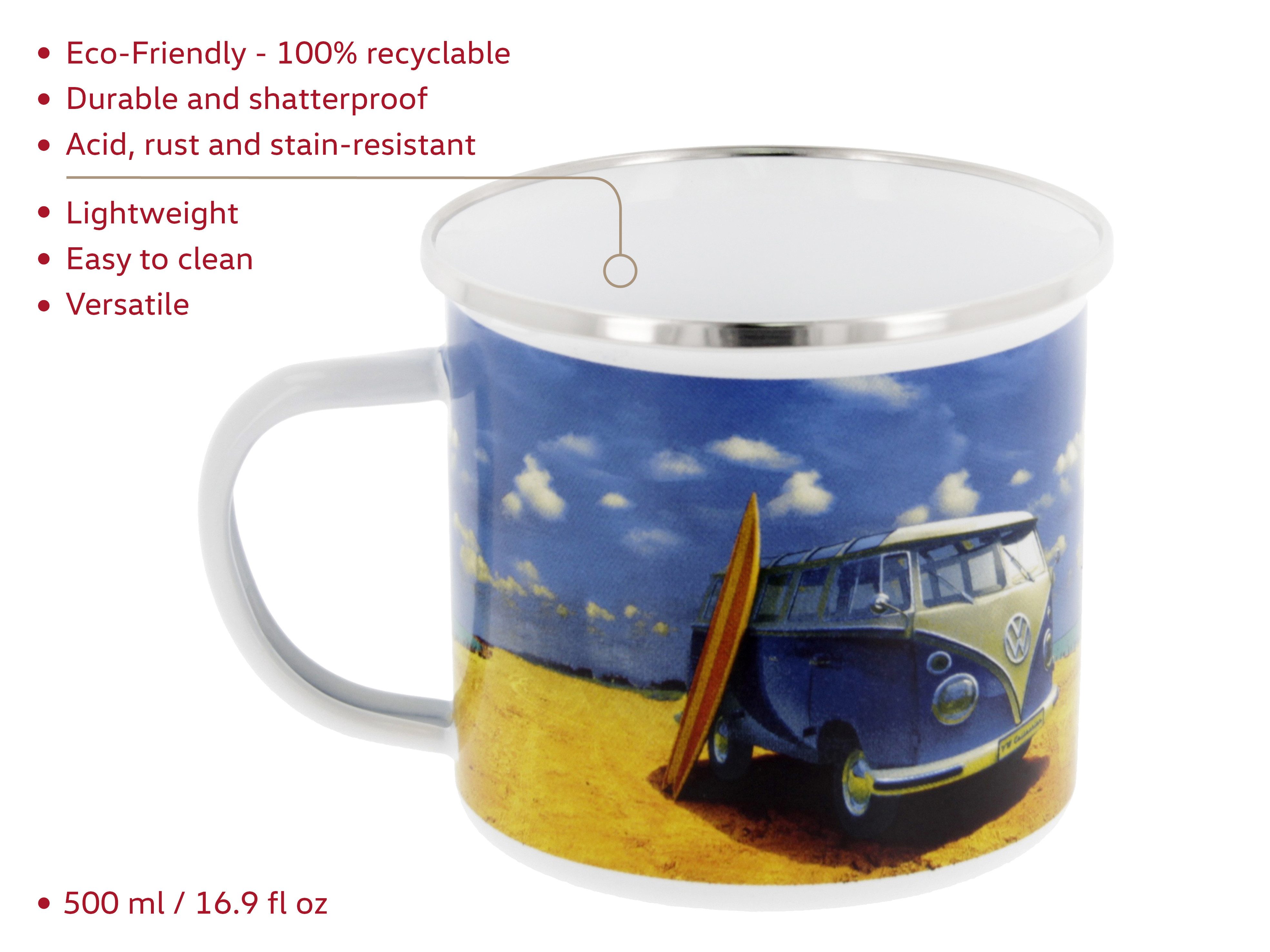 VW Collection by BRISA Tasse Volkswagen Große Emaille Kaffee-Tee-Tasse-Becher-Haferl, 1-tlg., Stahlblech, für Camping & Outdoor T1 Bus in verschiedenen Farben und Designs