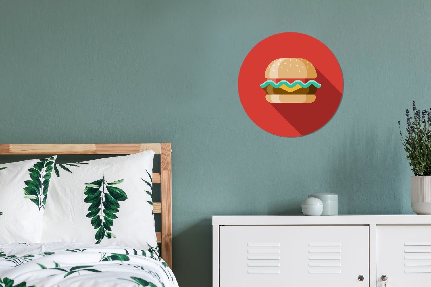 Tapetenaufkleber, Tapetenkreis Piktogramm Wohnzimmer roten Hamburgers einem eines Rund, St), Hintergrund MuchoWow Kinderzimmer, (1 für vor Wandsticker