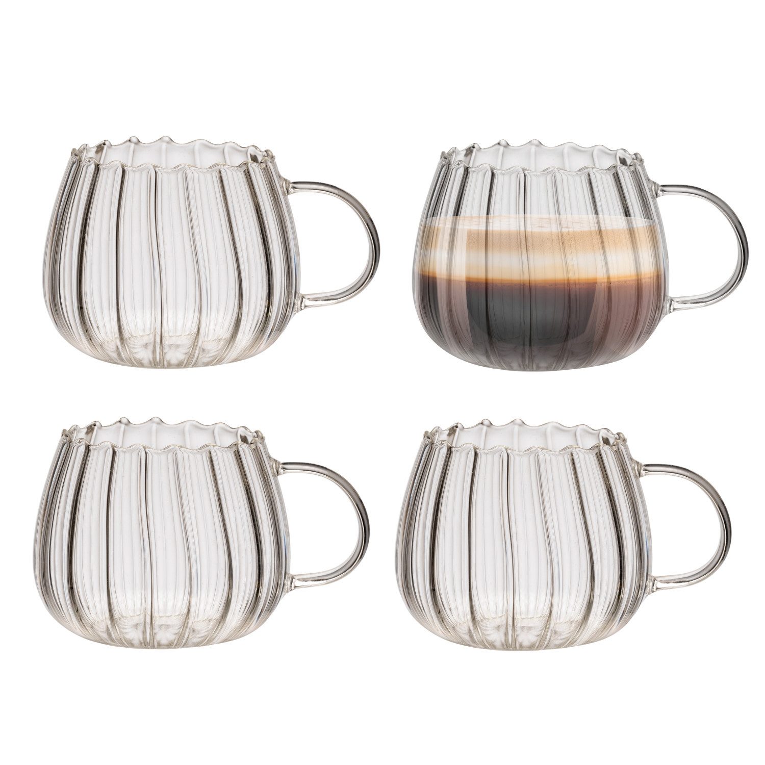 Zoha Glas Riffle Cup 400ml für Kalt- & Heißgetränke, Spülmaschinenfest, Stilvoll, 4-tlg., Borosilikatglas, hitzebeständiges Tassen Set für Kaffee, Matcha, Latte Macchiato, 4 St.